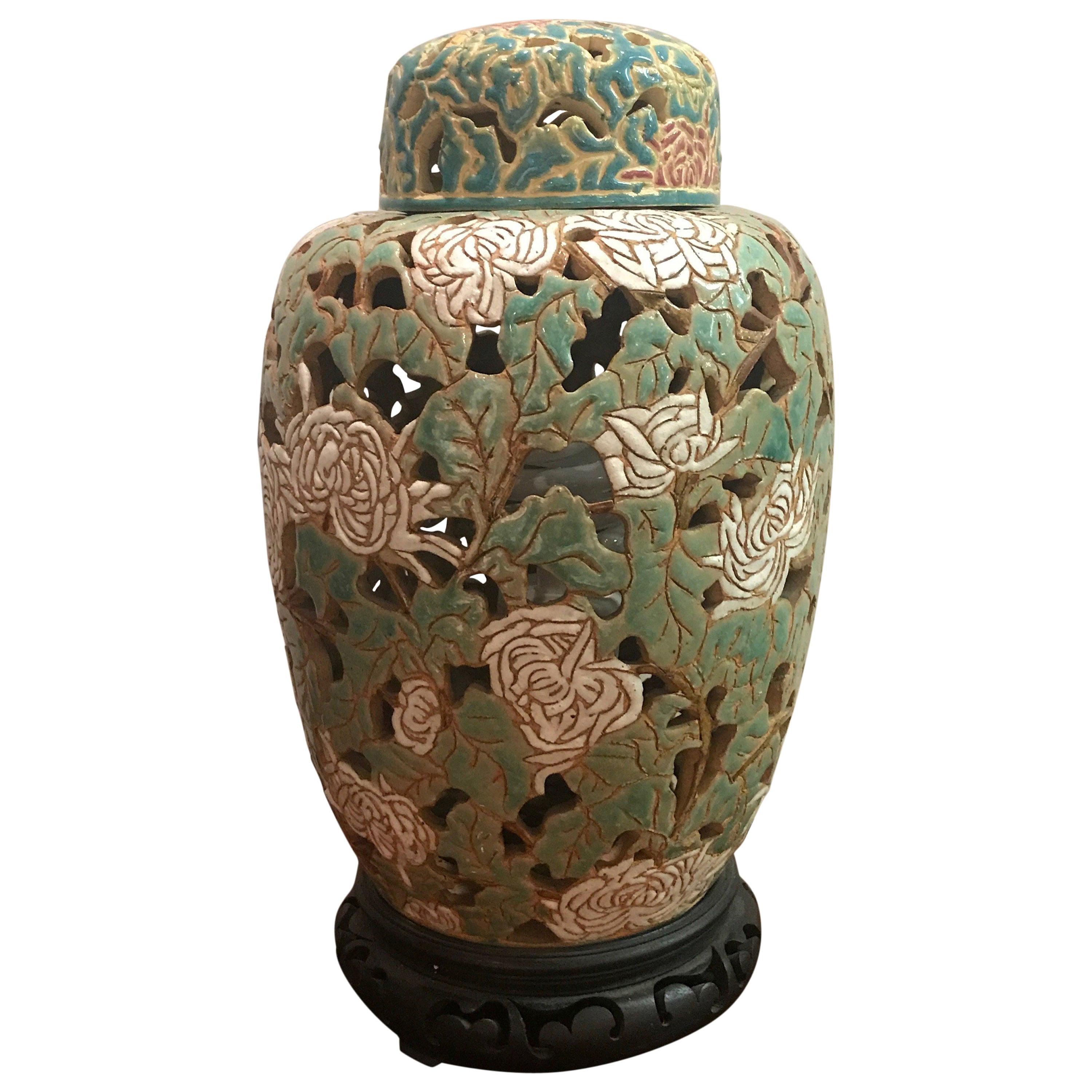 Lampe en poterie d’art asiatique et pot à gingembre en émail