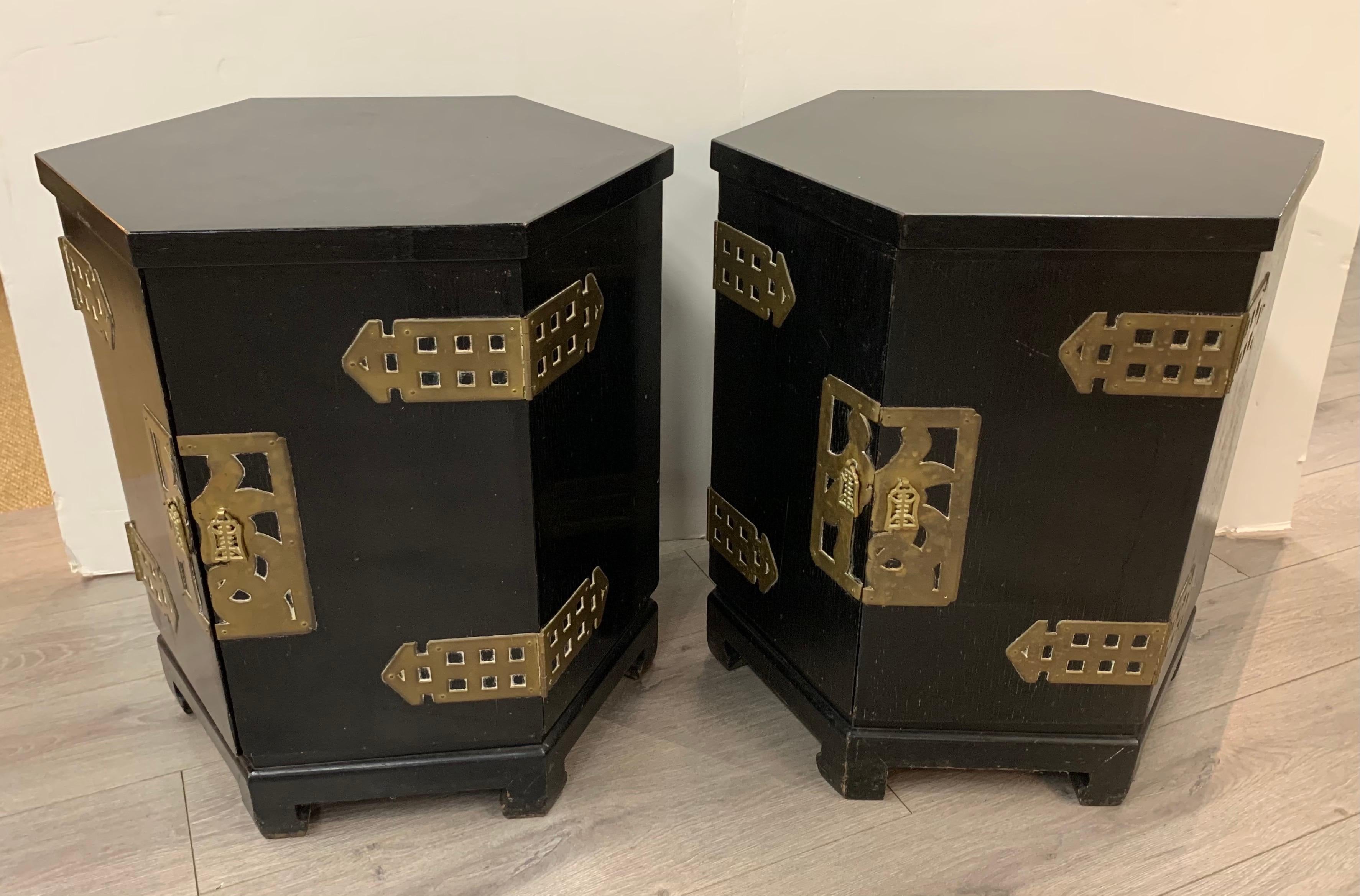 Chinoiserie Asian Style Black Ebonized and Brass Hexagonal End Tables Nightstands