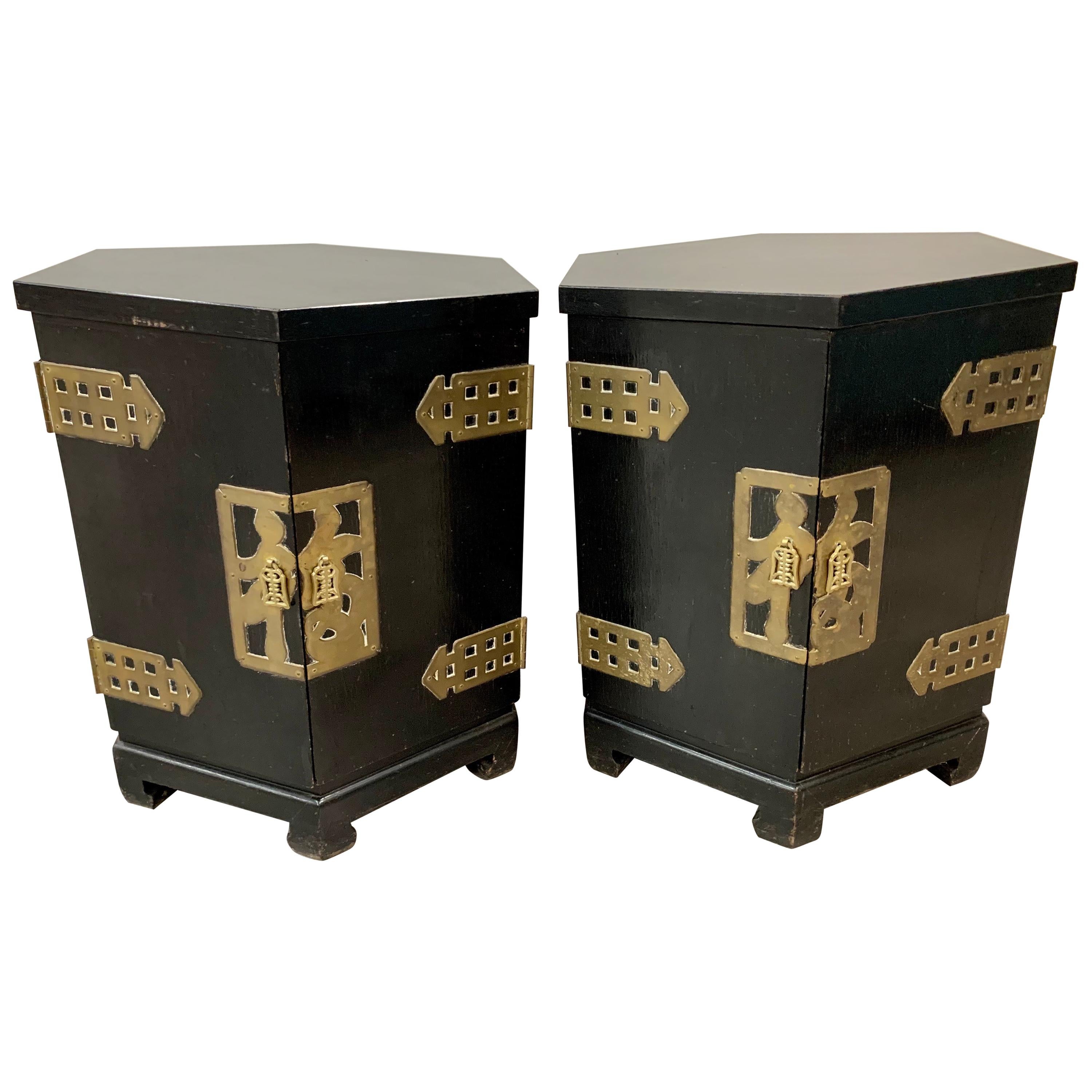 Asian Style Black Ebonized and Brass Hexagonal End Tables Nightstands