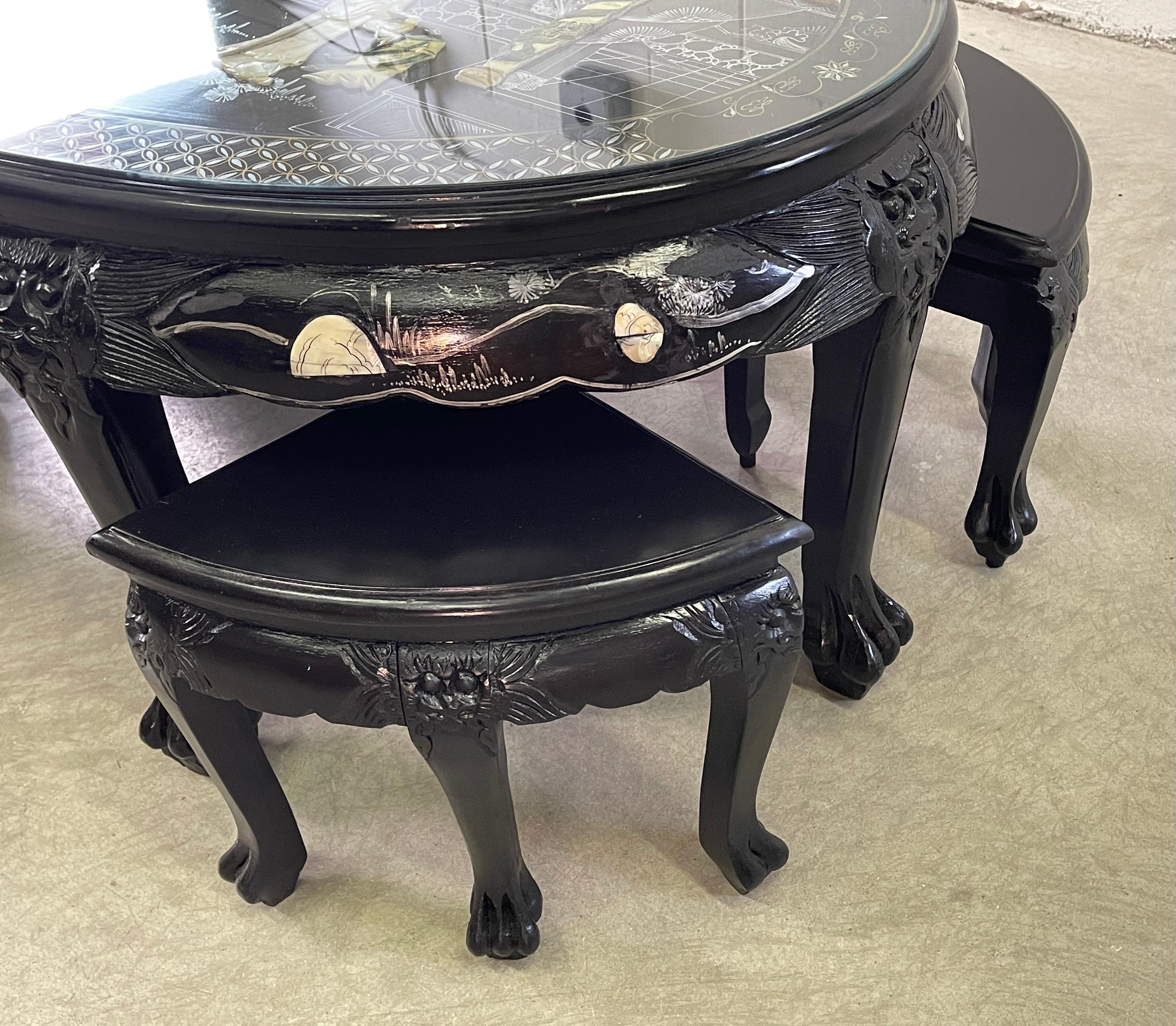 Asian Style Black Lacquered Coffee Table with 4 Stools 3