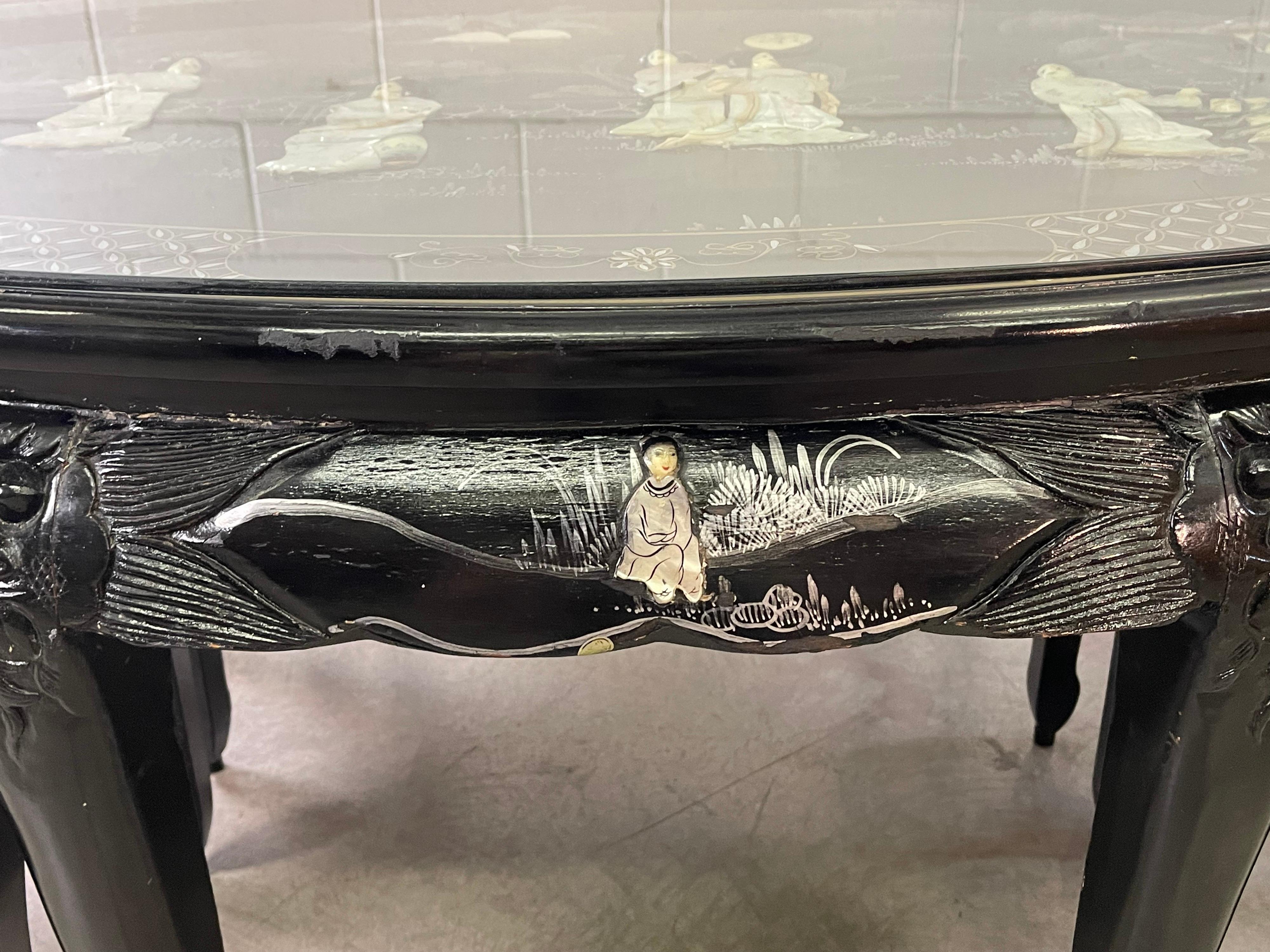 Asian Style Black Lacquered Coffee Table with 4 Stools In Good Condition In Amherst, NH