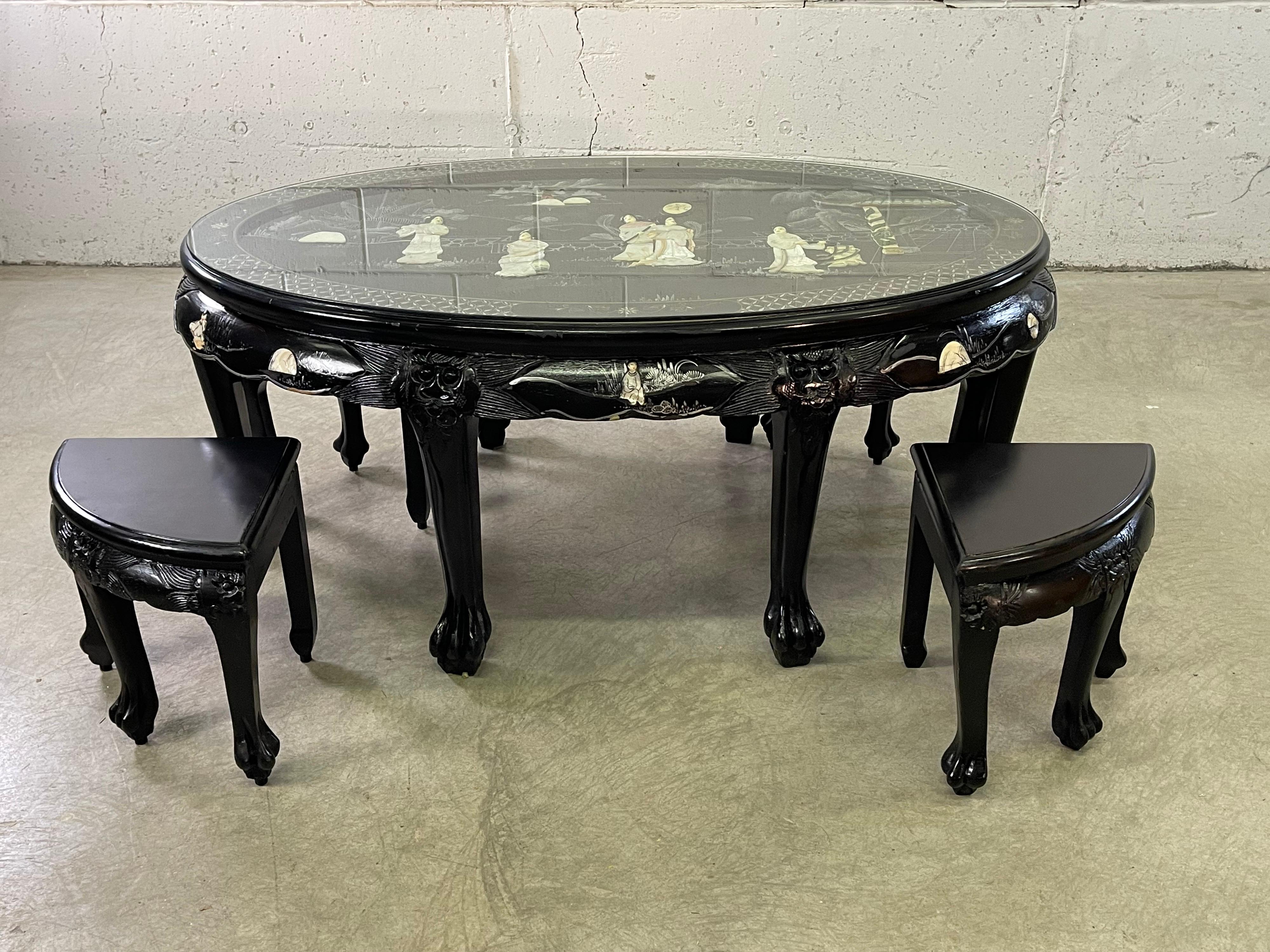 Bone Asian Style Black Lacquered Coffee Table with 4 Stools