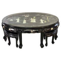 Vintage Asian Style Black Lacquered Coffee Table with 4 Stools