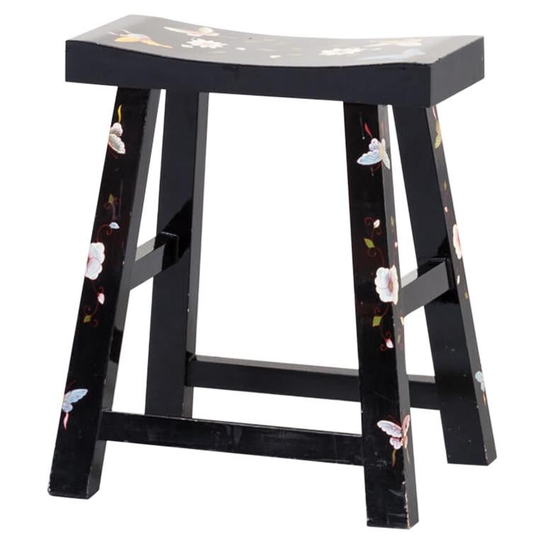 Asian Style Black Lacquered Hand Painted Stool with Butterfly For Sale