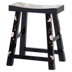 Asian Style Black Lacquered Hand Painted Stool with Butterfly