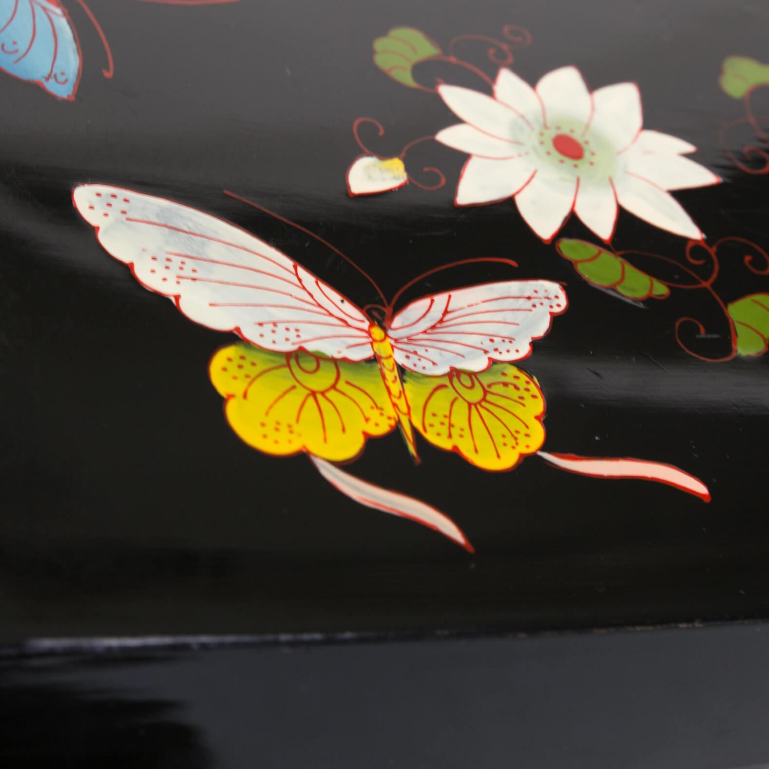 20th Century Asian Style Black Lacquered Hand Painted Stool with Butterfly For Sale