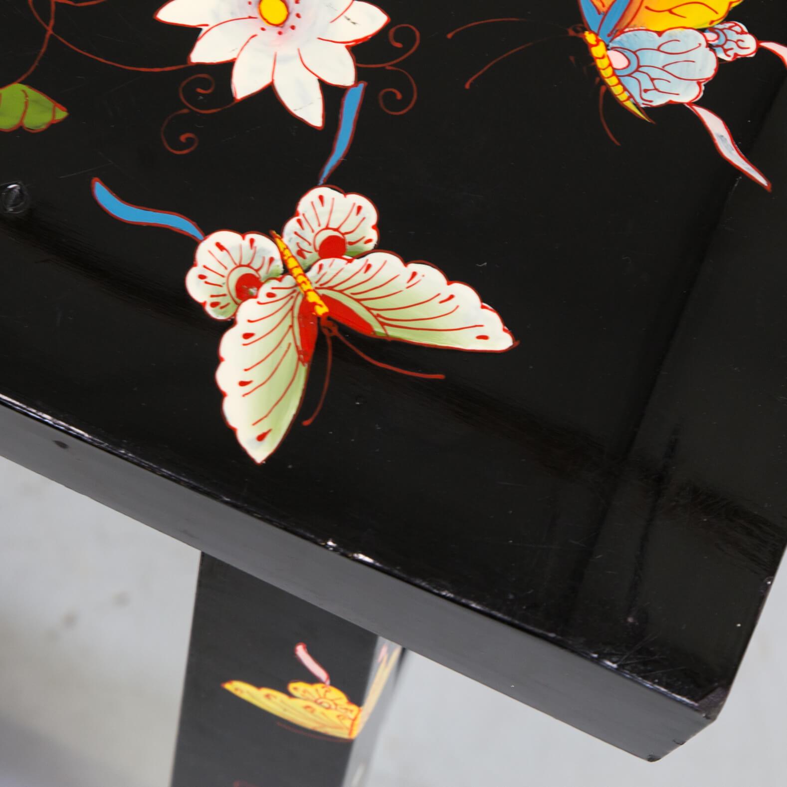 Wood Asian Style Black Lacquered Hand Painted Stool with Butterfly For Sale