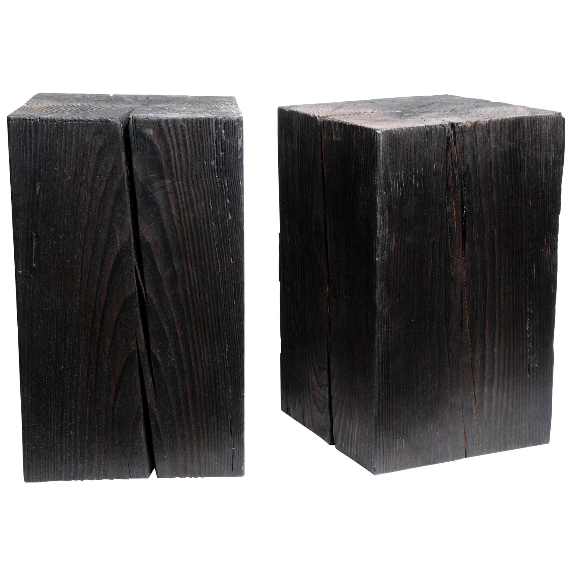 Asian Style Black Solid Wood Cube Side Table Shou Sugi Ban 15" by Alabama Sawyer For Sale