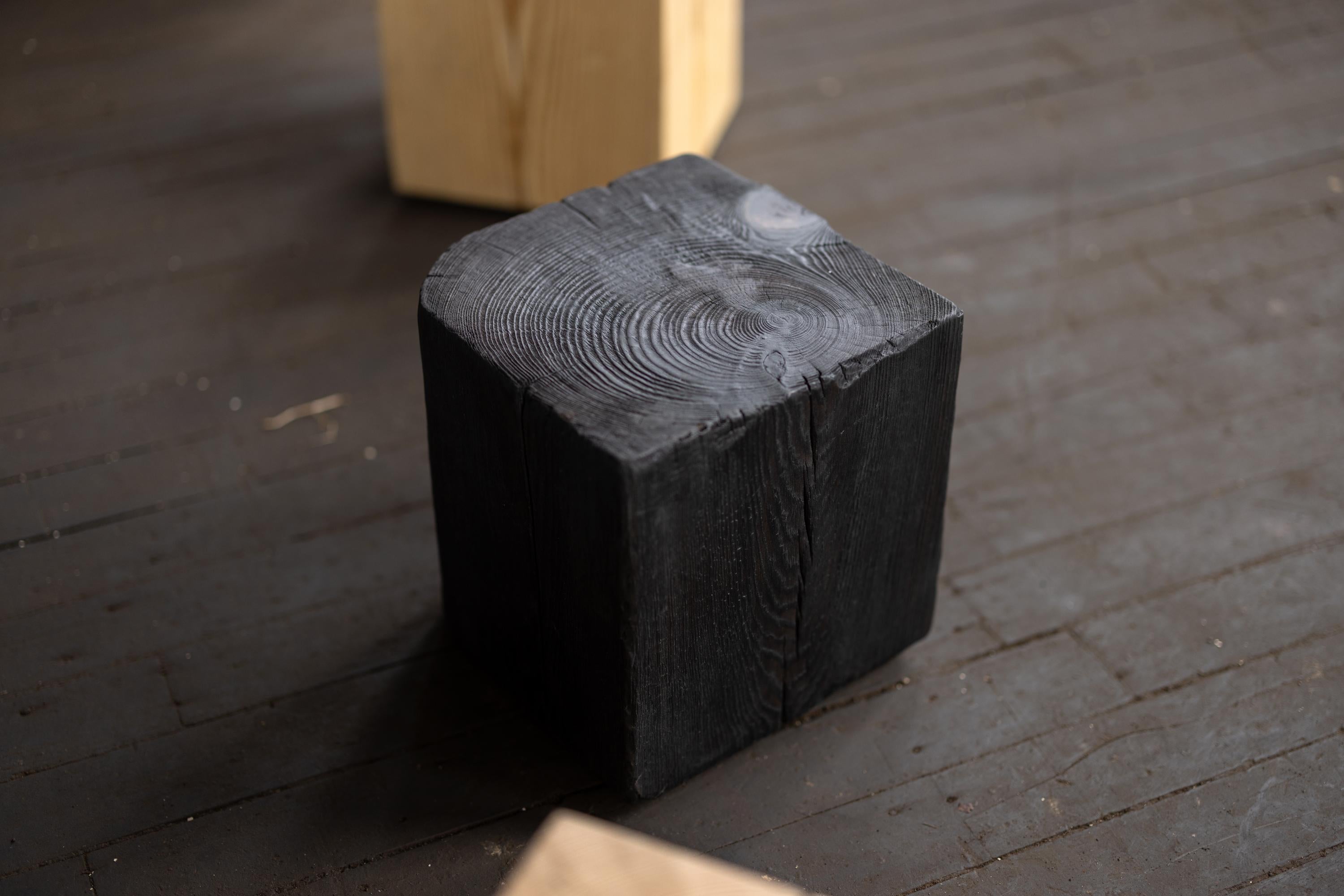 This Asian Style Black Solid Wood Cube Side Table in Shou Sugi Ban is simple and versatile. The sturdy 