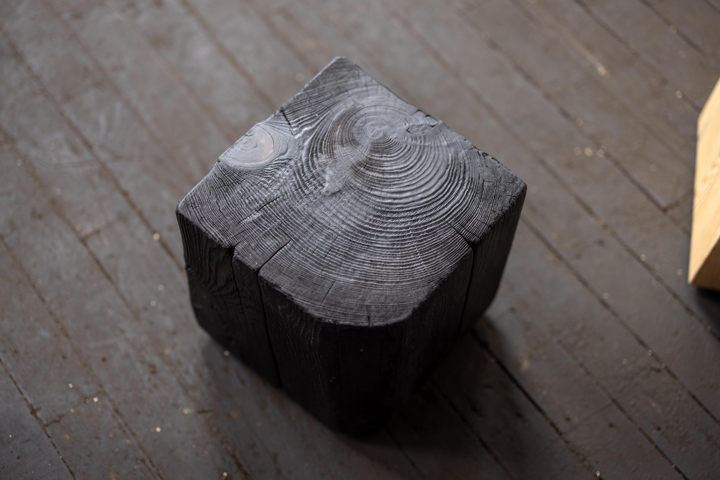 Organic Modern Asian Style Black Solid Wood Cube Side Table Shou Sugi Ban 12