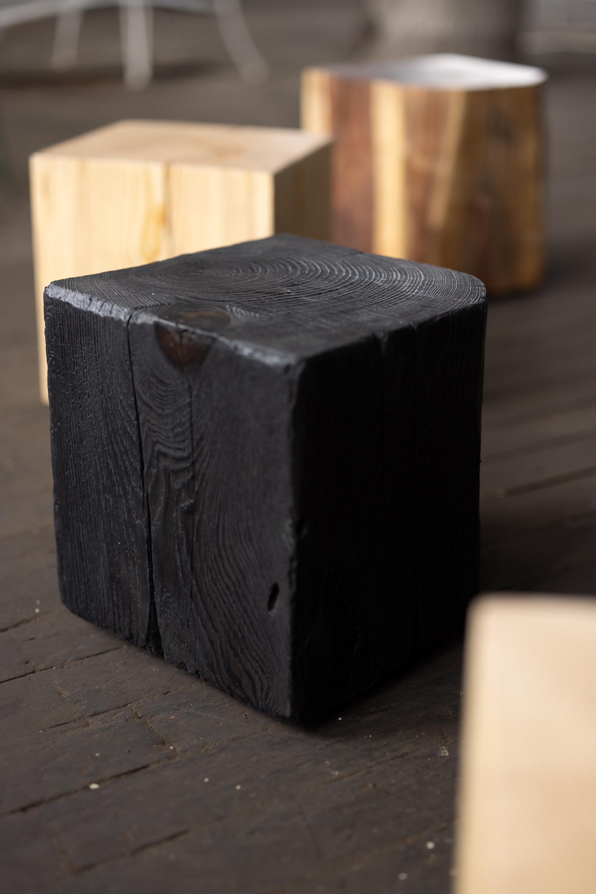 American Asian Style Black Solid Wood Cube Side Table Shou Sugi Ban 12