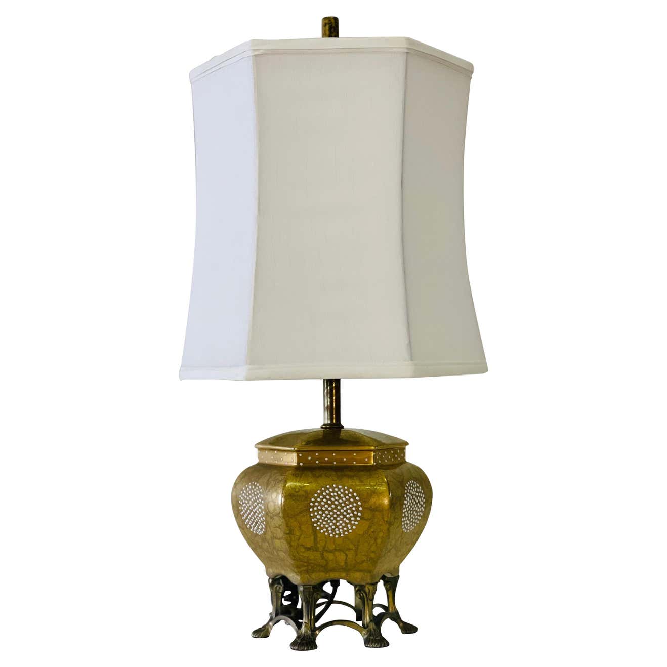 Asian Style Brass Claw Foot Table Lamp and Shade For Sale at 1stDibs