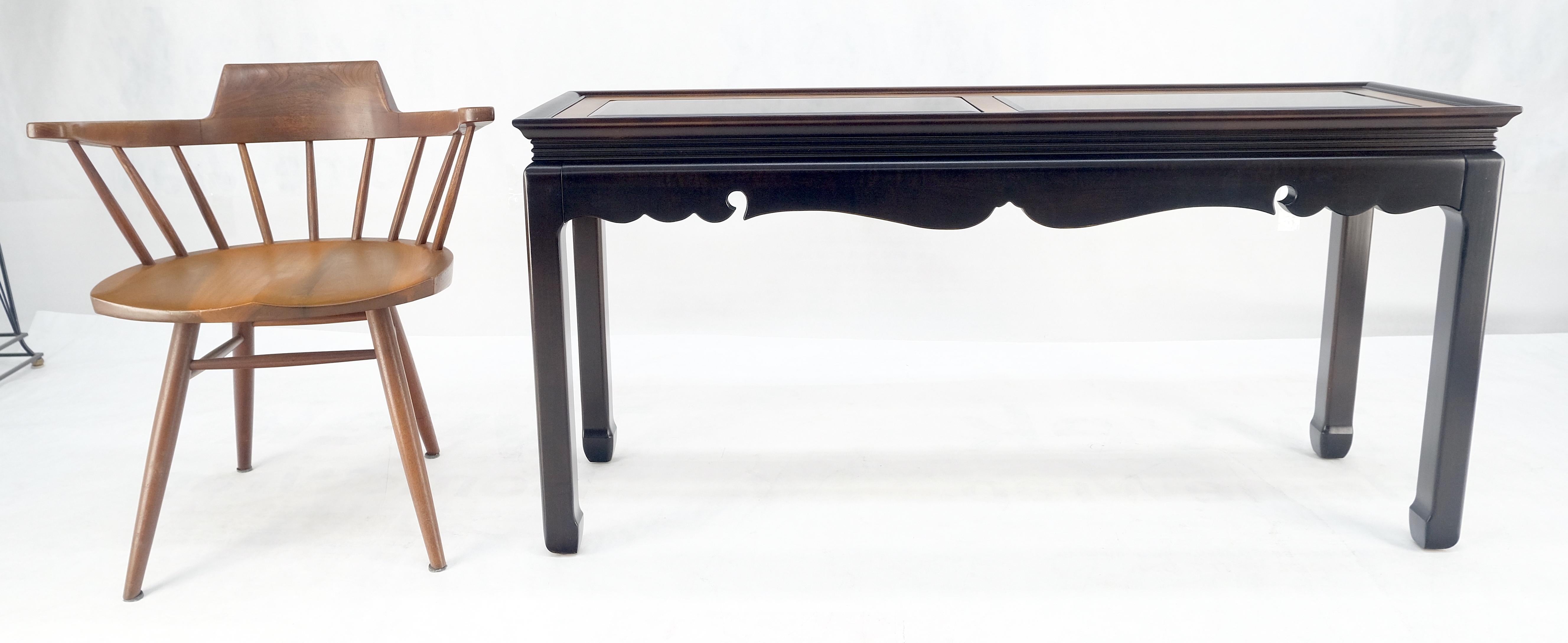 Asian Style Burlwood Top Black Lacquer Tinted Glass Rectangle Sofa Console Table For Sale 4