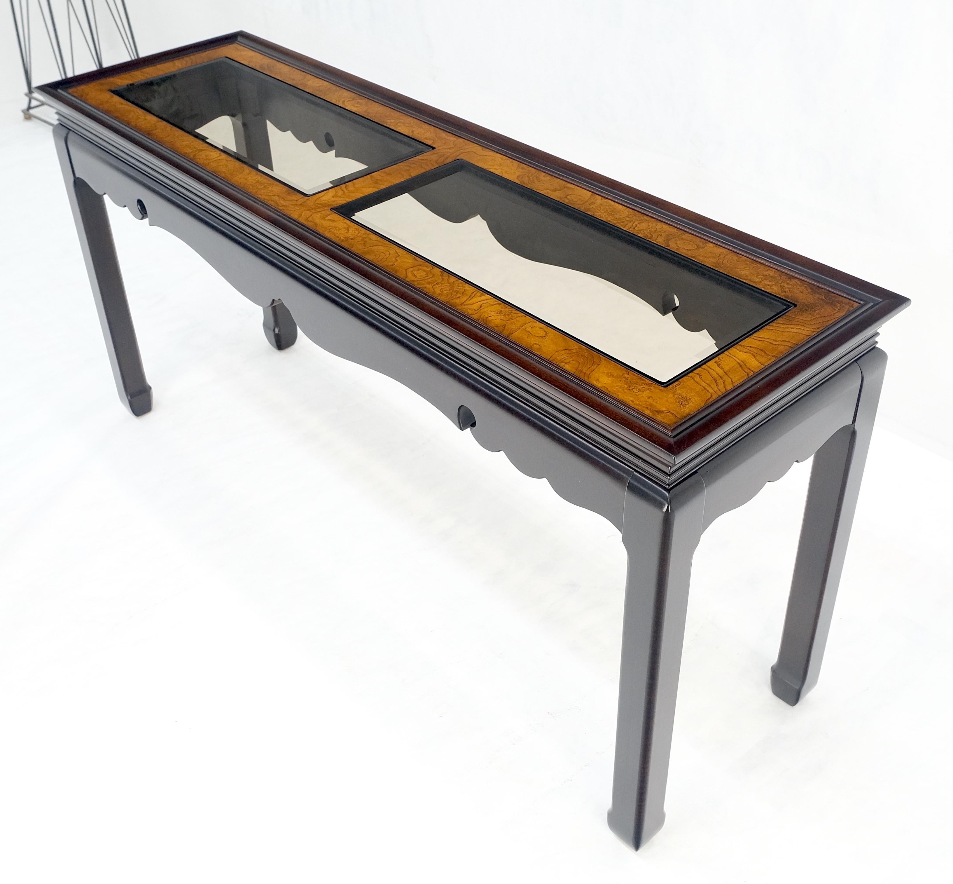 Asian Style Burlwood Top Black Lacquer Tinted Glass Rectangle Sofa Console Table For Sale 5