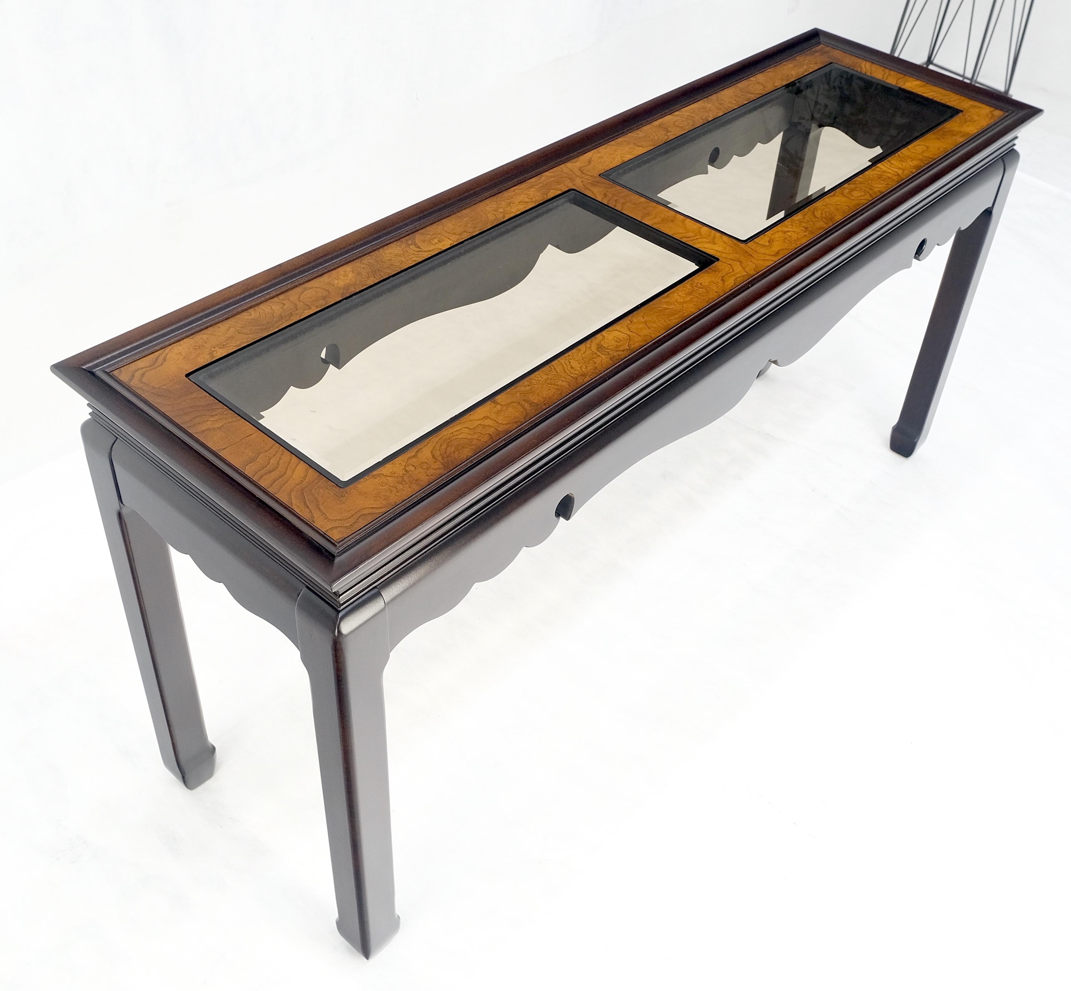 Asian Style Burlwood Top Black Lacquer Tinted Glass Rectangle Sofa Console Table For Sale 7