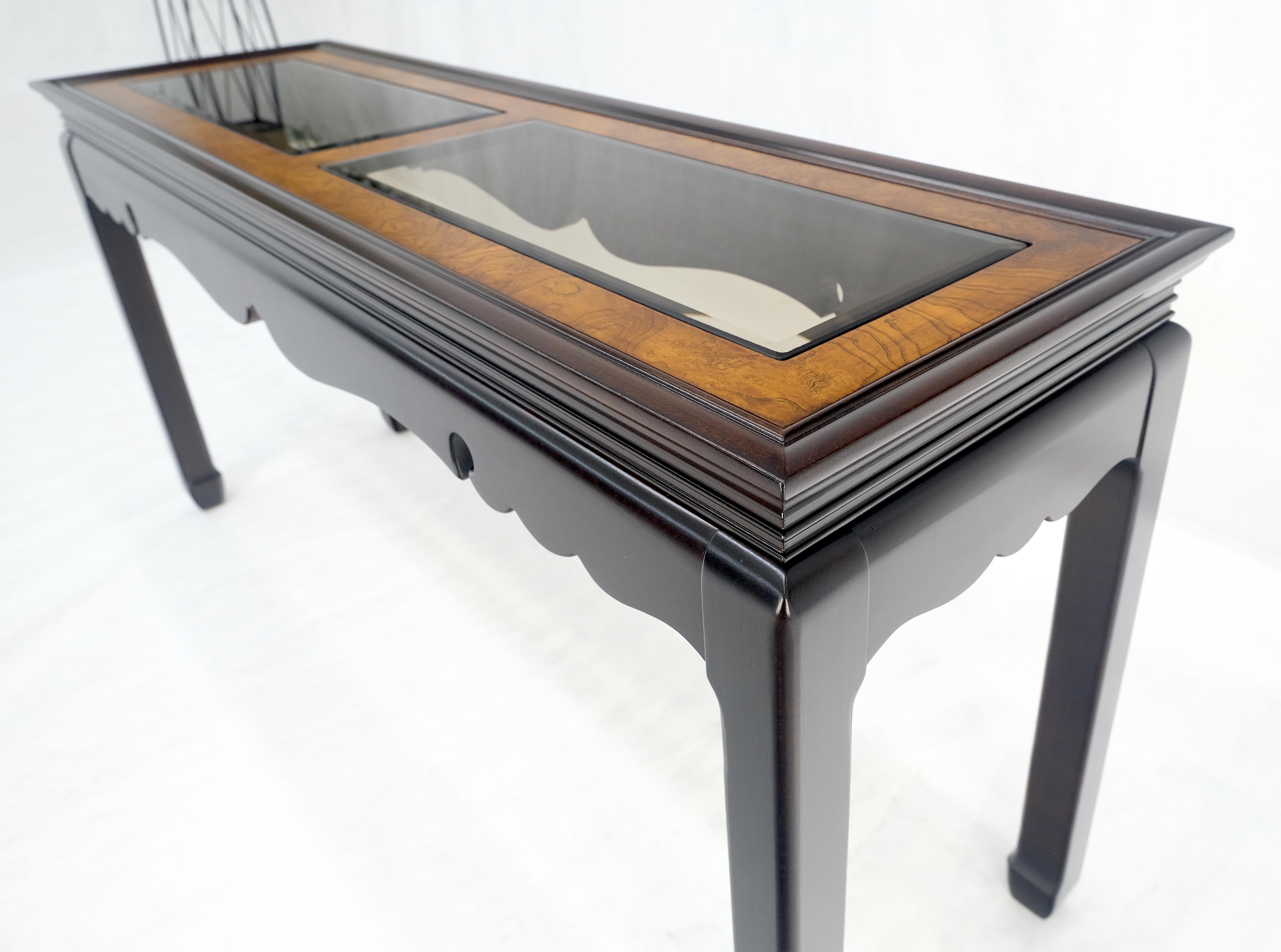 Mid-Century Modern Asian Style Burlwood Top Black Lacquer Tinted Glass Rectangle Sofa Console Table For Sale