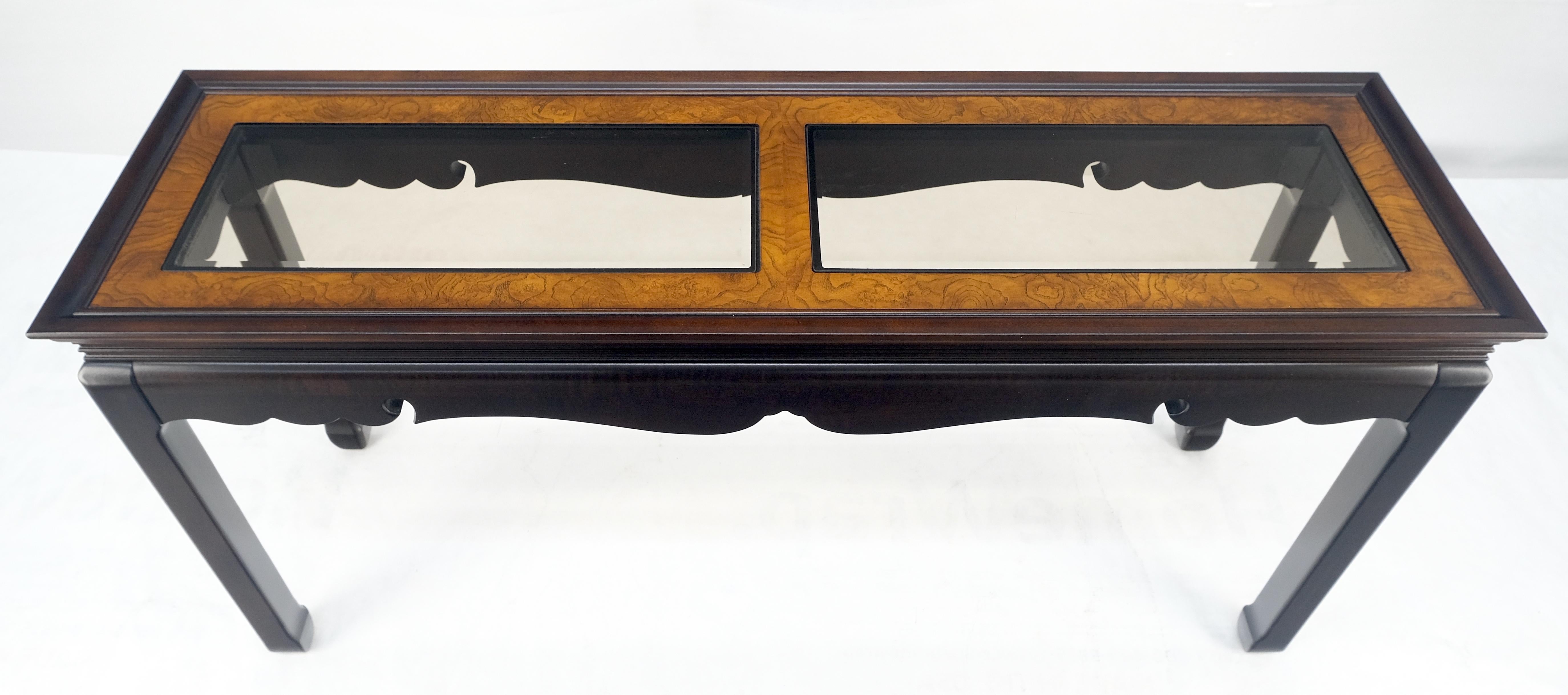 American Asian Style Burlwood Top Black Lacquer Tinted Glass Rectangle Sofa Console Table For Sale