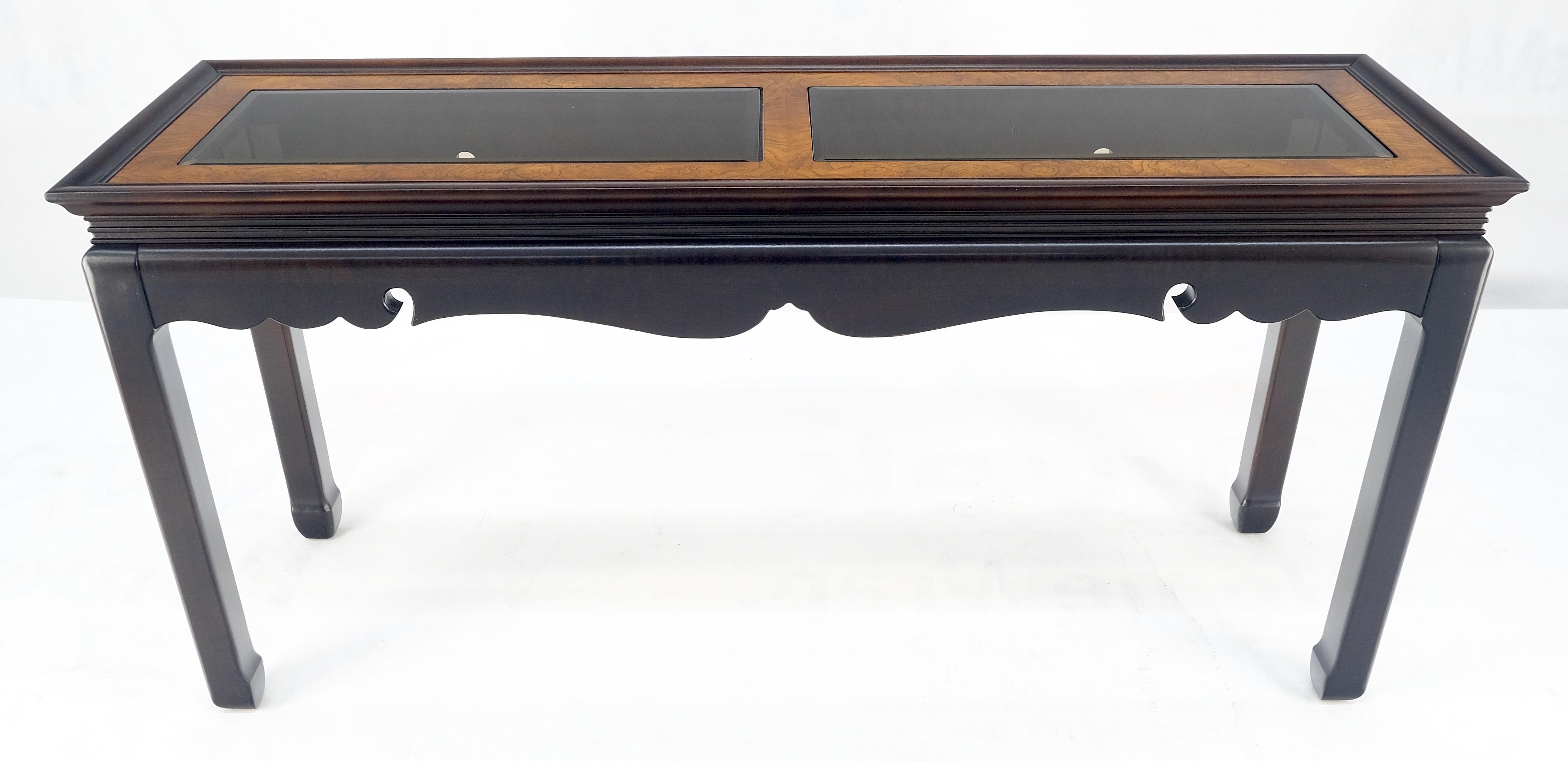 Lacquered Asian Style Burlwood Top Black Lacquer Tinted Glass Rectangle Sofa Console Table For Sale