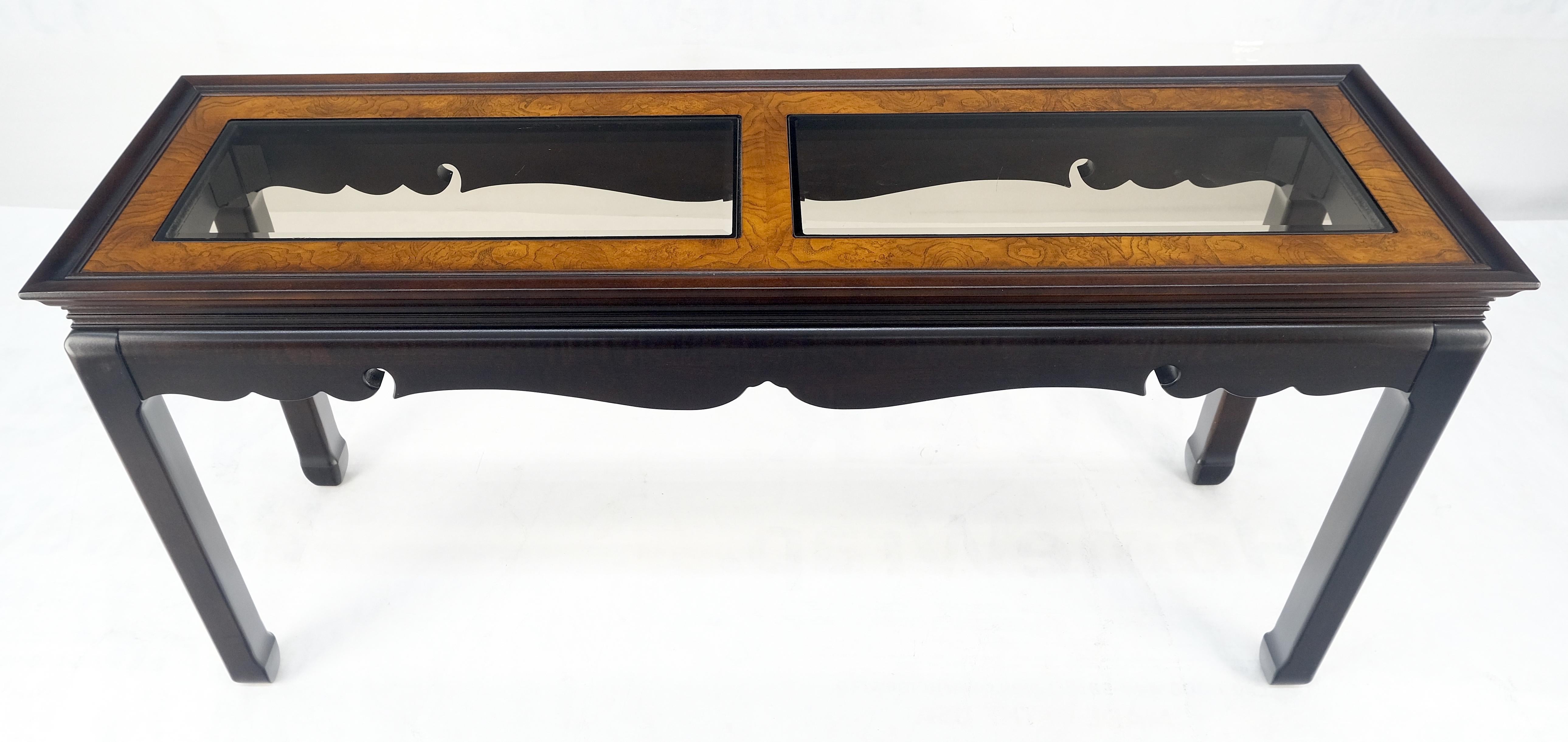 20th Century Asian Style Burlwood Top Black Lacquer Tinted Glass Rectangle Sofa Console Table For Sale