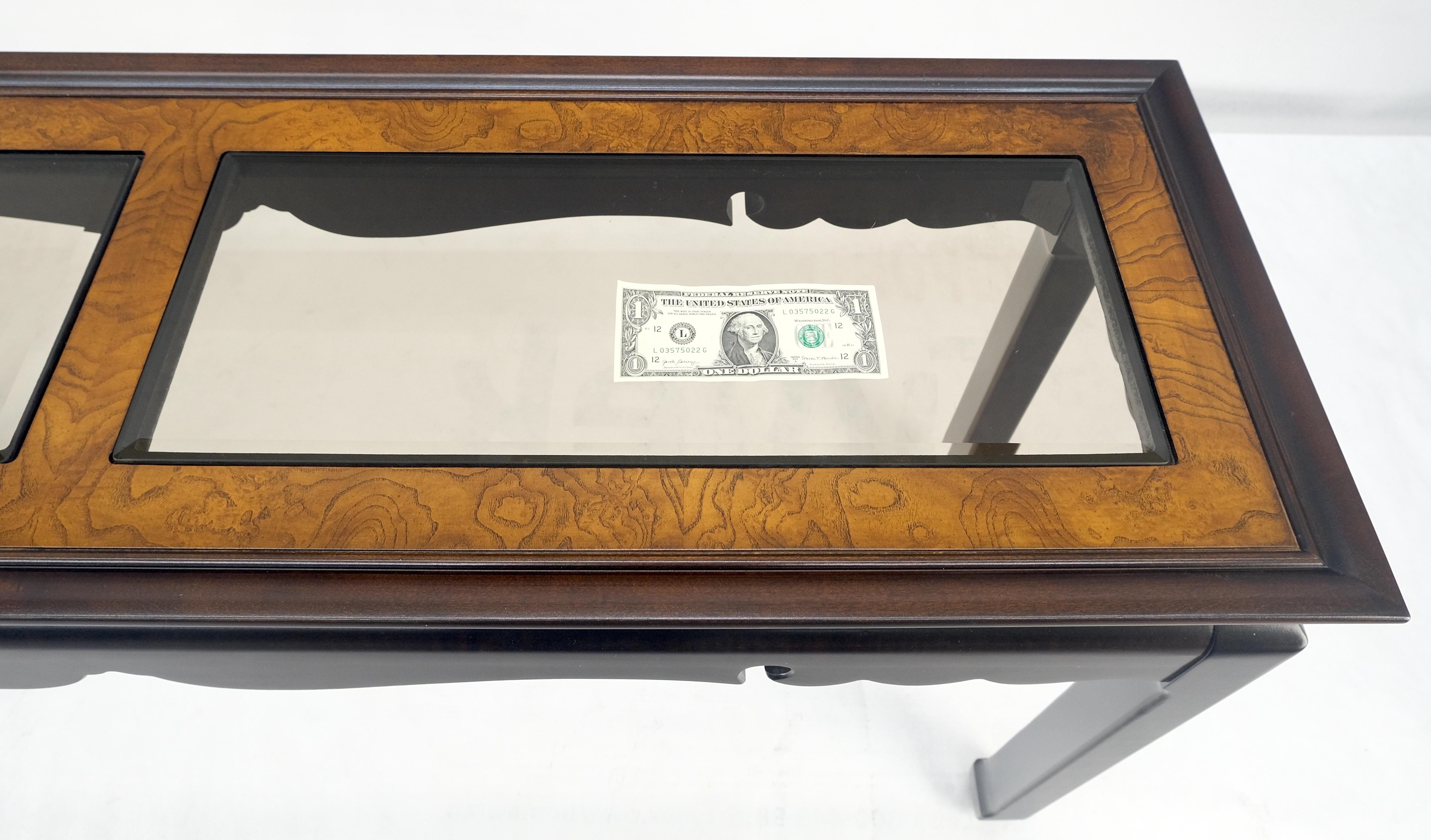 Asian Style Burlwood Top Black Lacquer Tinted Glass Rectangle Sofa Console Table For Sale 1