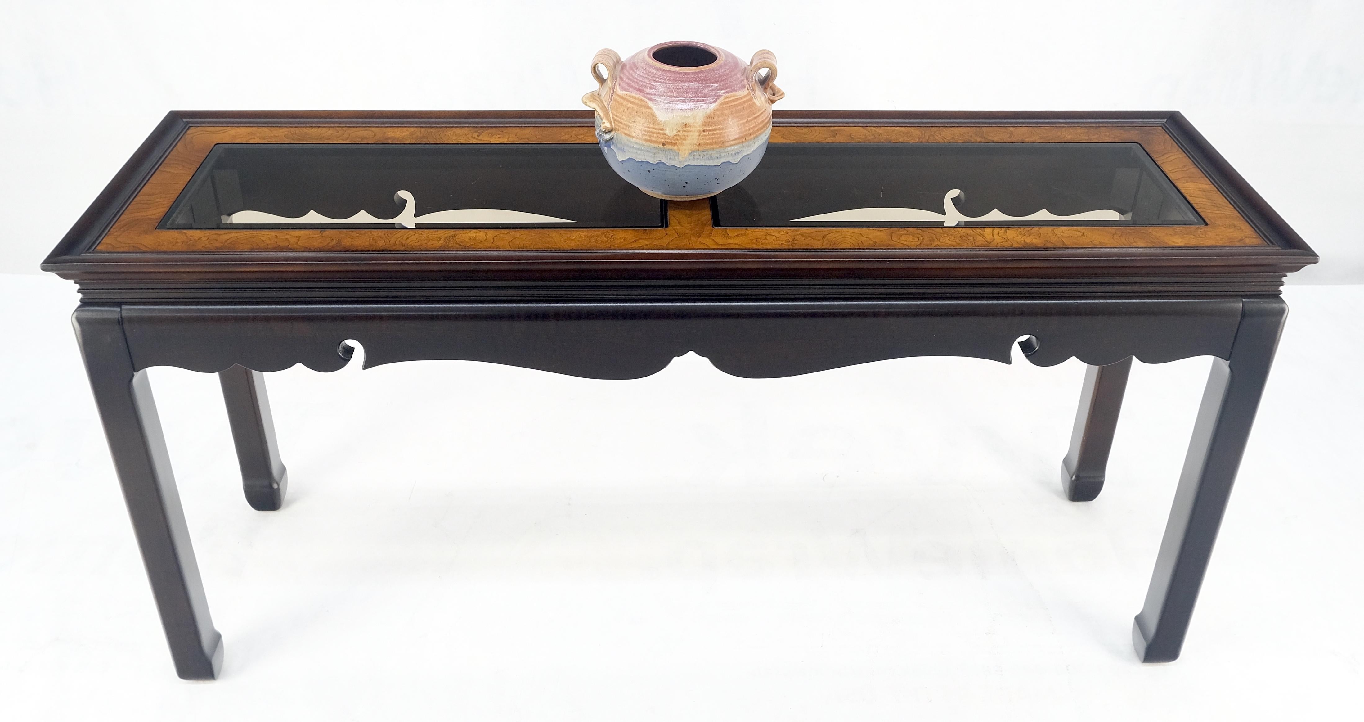 Asian Style Burlwood Top Black Lacquer Tinted Glass Rectangle Sofa Console Table For Sale 2