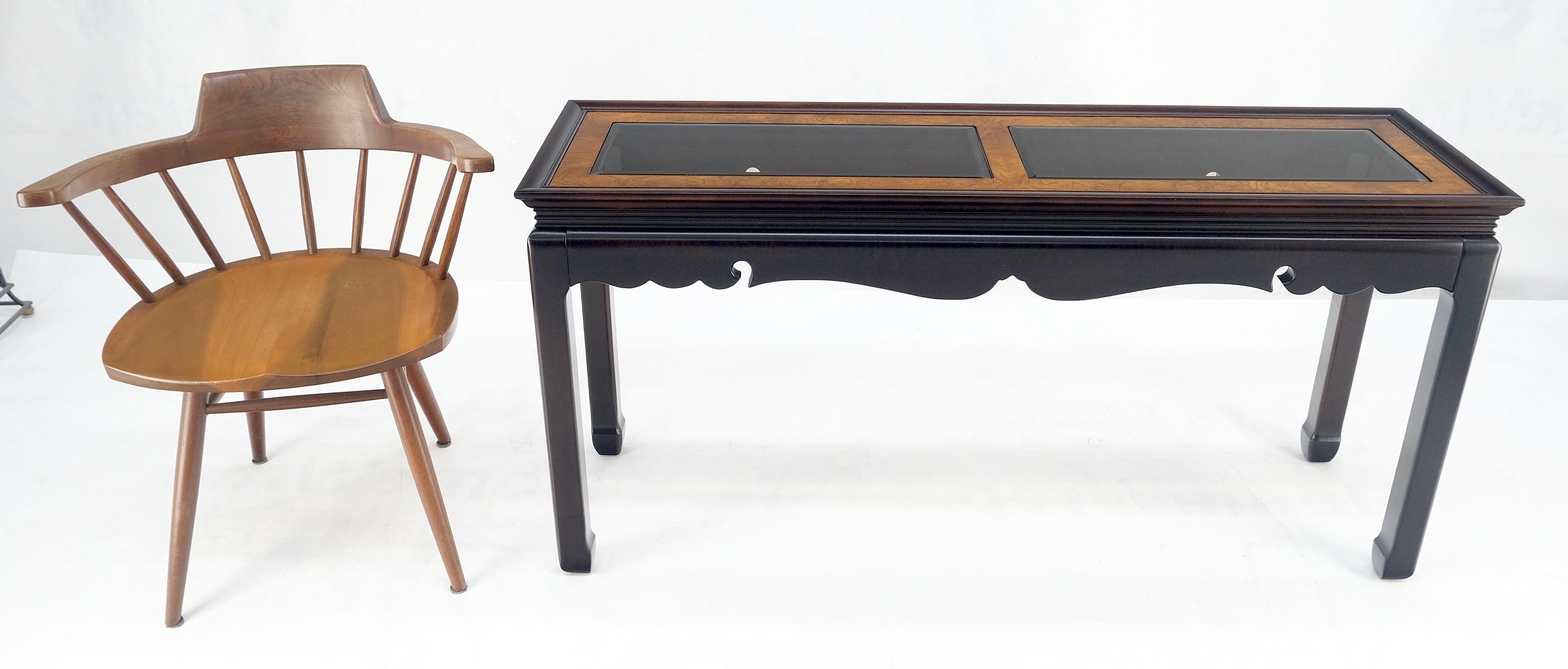 Asian Style Burlwood Top Black Lacquer Tinted Glass Rectangle Sofa Console Table For Sale 3