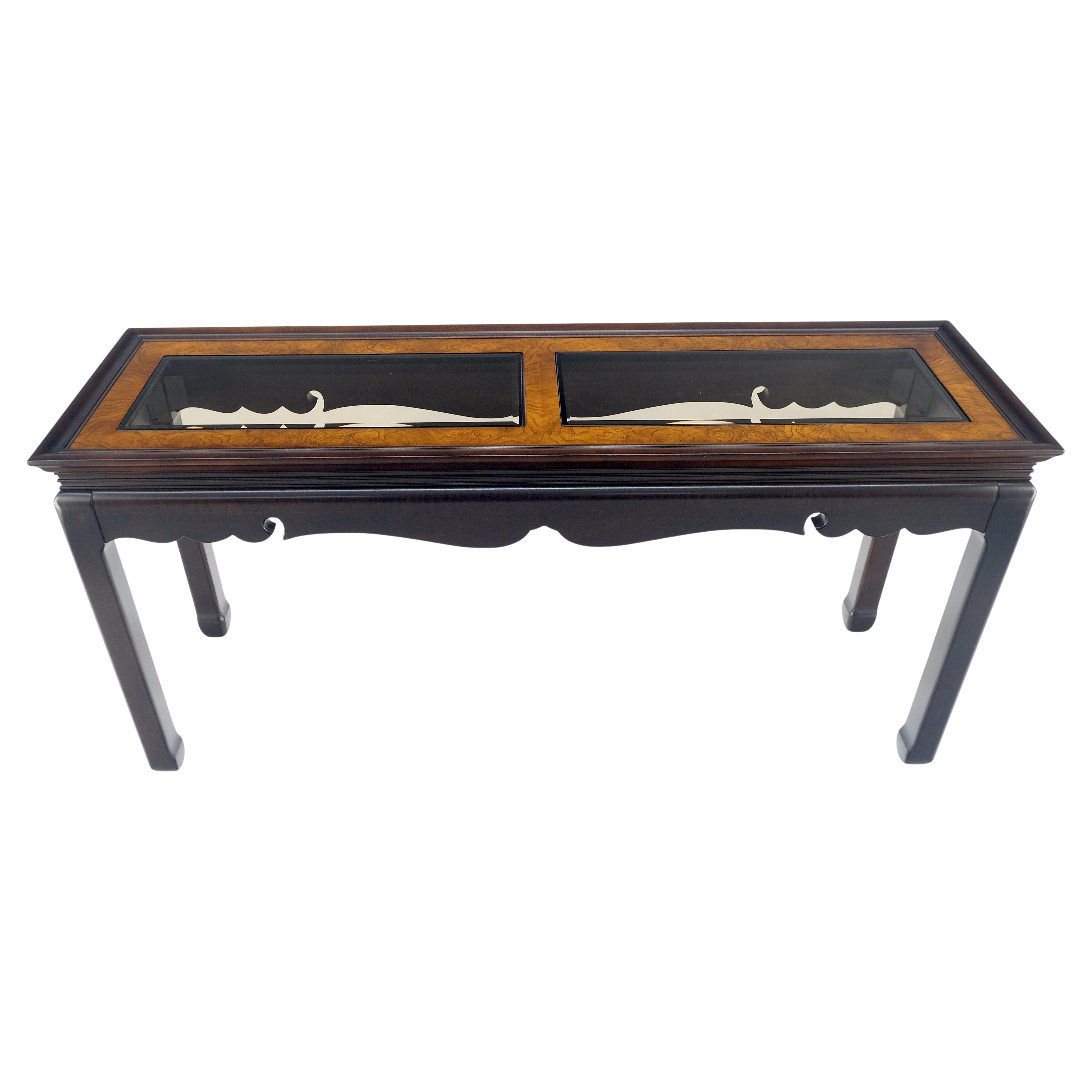 Asian Style Burlwood Top Black Lacquer Tinted Glass Rectangle Sofa Console Table For Sale