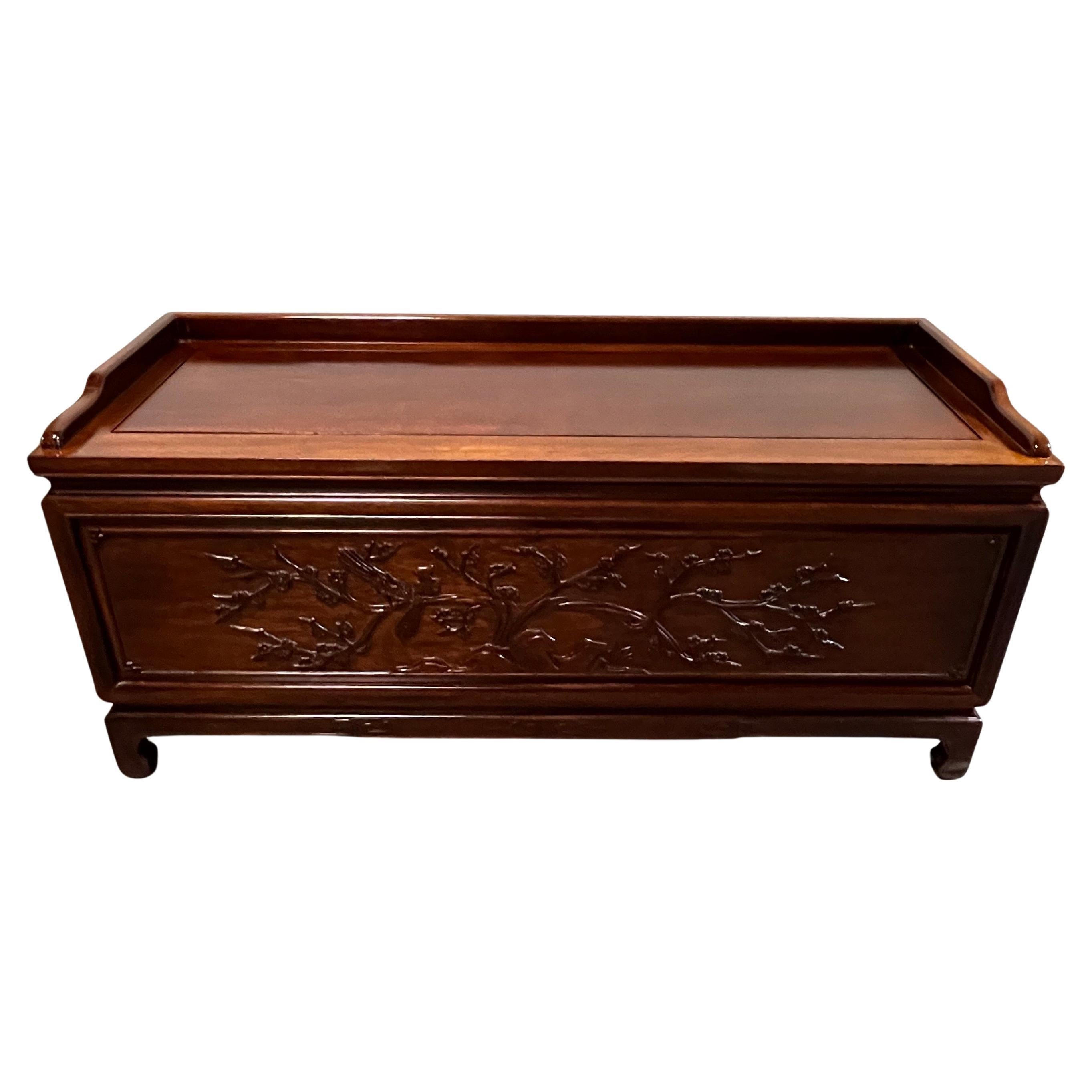 Asian Style Carved Cedar Lined Blanket Chest Coffee Table, 1970s For Sale