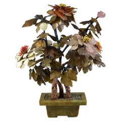 Asian Style Carved Semi Precious Stones Floral Bouquet in Stone Vase