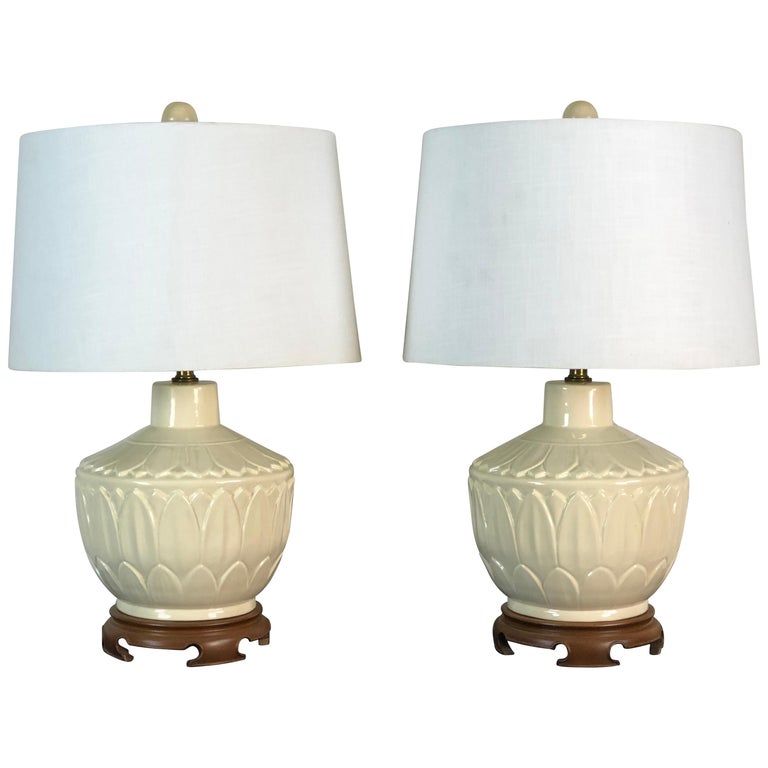 Asian Style Ceramic Lotus Leaf Table Lamps, Pair For Sale at 1stDibs