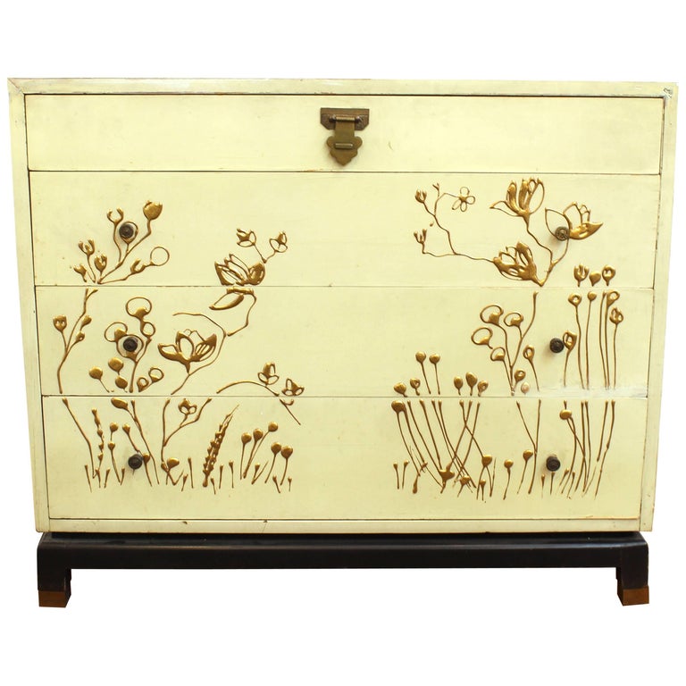 Asian Style Chest Of Drawers With Gold Floral Motif At 1stdibs
