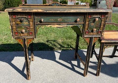 Asian Style Chinoiserie Distressed Desk/Vanity & Chair Hunter Green