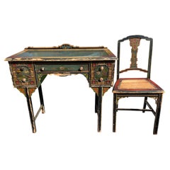 Asian Style Chinoiserie Distressed Desk/Vanity & Chair Hunter Green