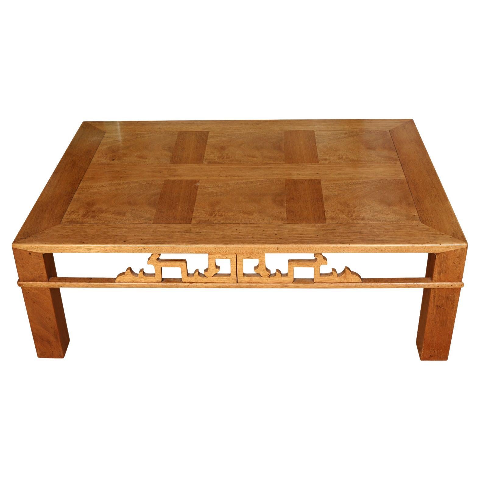 Asian Style Coffee Table with Parquetry Top and Carved Apron For Sale