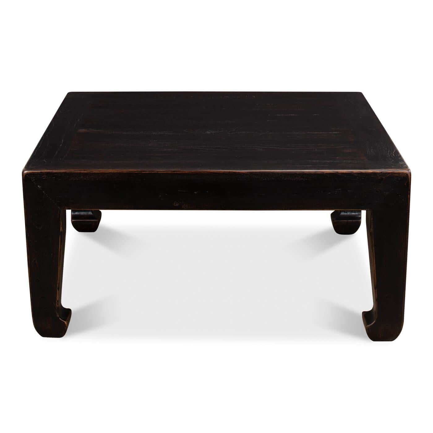 Asian-style ebonized finish square coffee table, a classic style inspired by the far east. This table is a square shape with horse hoof-style legs, a design that dates back to the 14th century. 

Crafted of reclaimed pine in dark ebony finish.