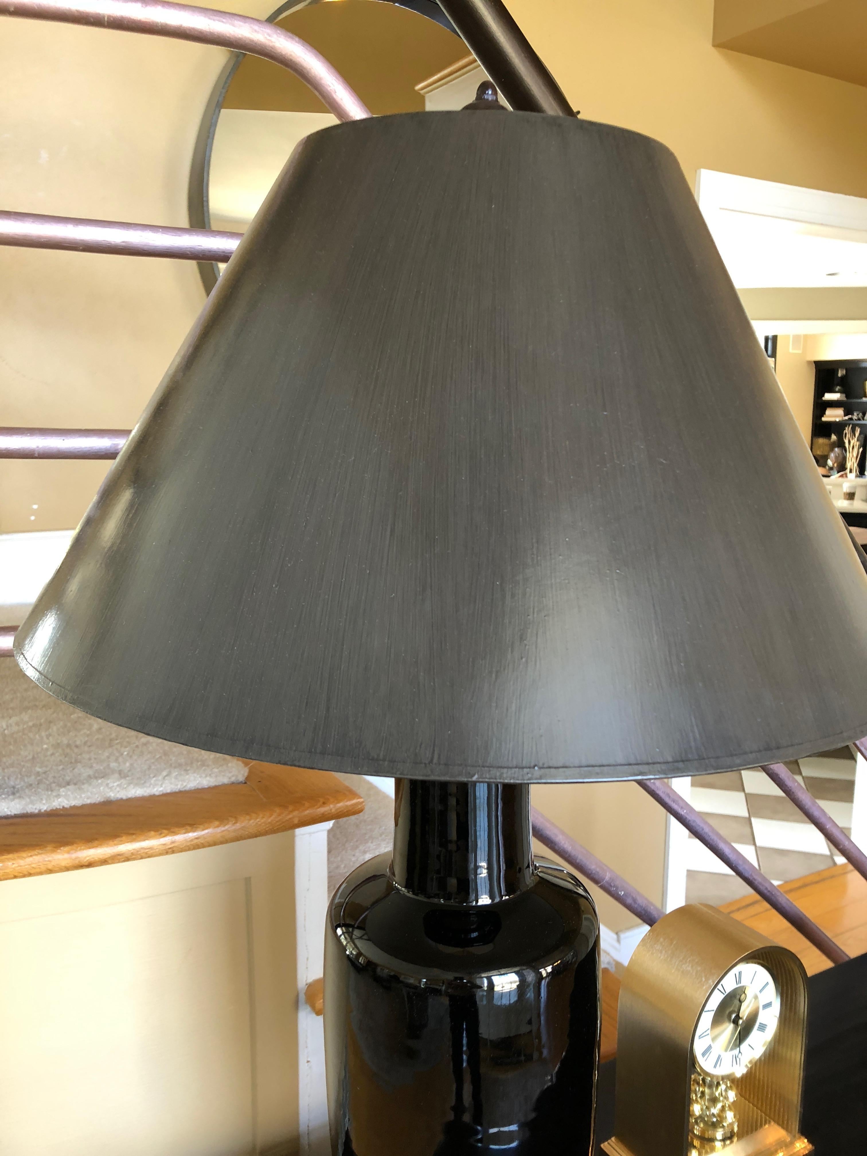 Beautiful stately Asian Style table lamp having a black porcelain vase on brown metal base and custom grey shade. Vase 7.75 diameter.