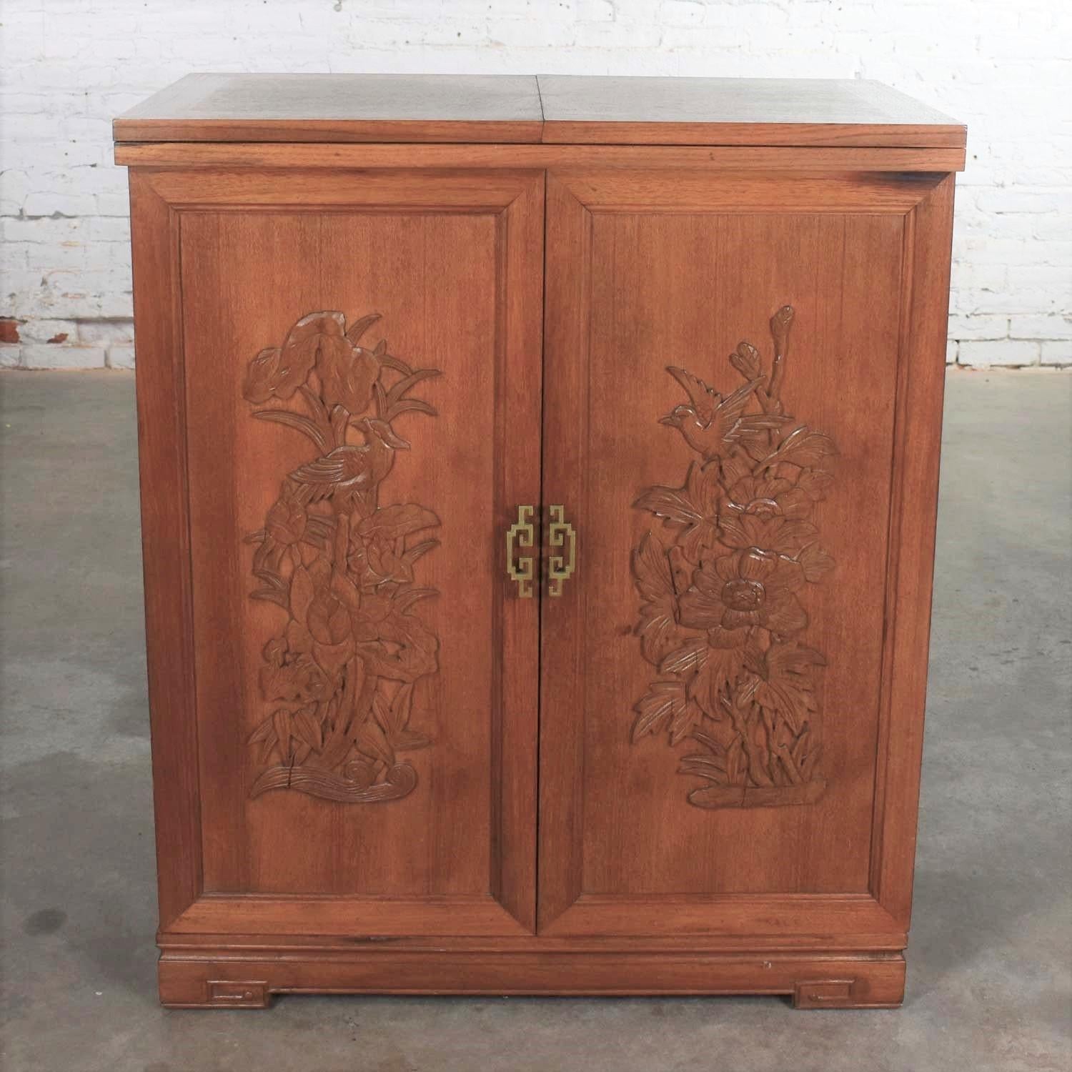 Asian Style Fold Out Chinoiserie Dry Bar in a Box Applied Carved Birds & Flowers 3