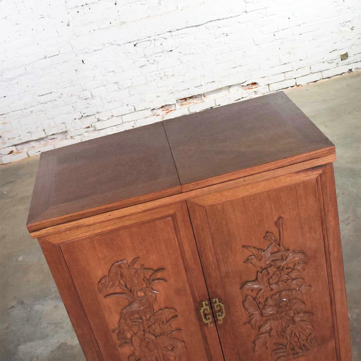 Asian Style Fold Out Chinoiserie Dry Bar in a Box Applied Carved Birds & Flowers 4
