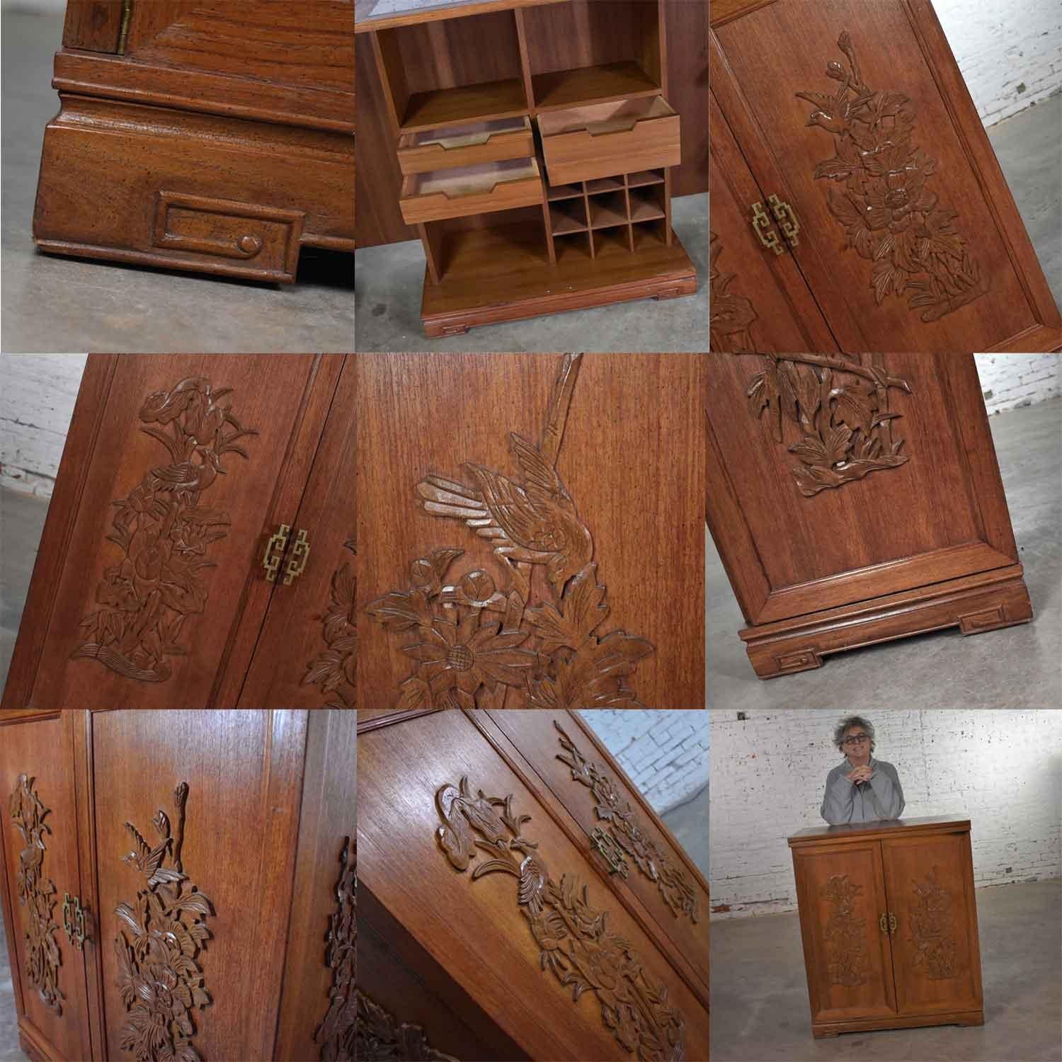 Asian Style Fold Out Chinoiserie Dry Bar in a Box Applied Carved Birds & Flowers 5