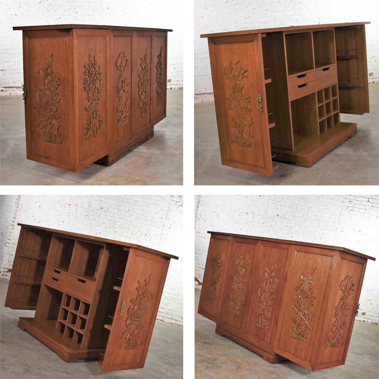 Asian Style Fold Out Chinoiserie Dry Bar in a Box Applied Carved Birds & Flowers 6