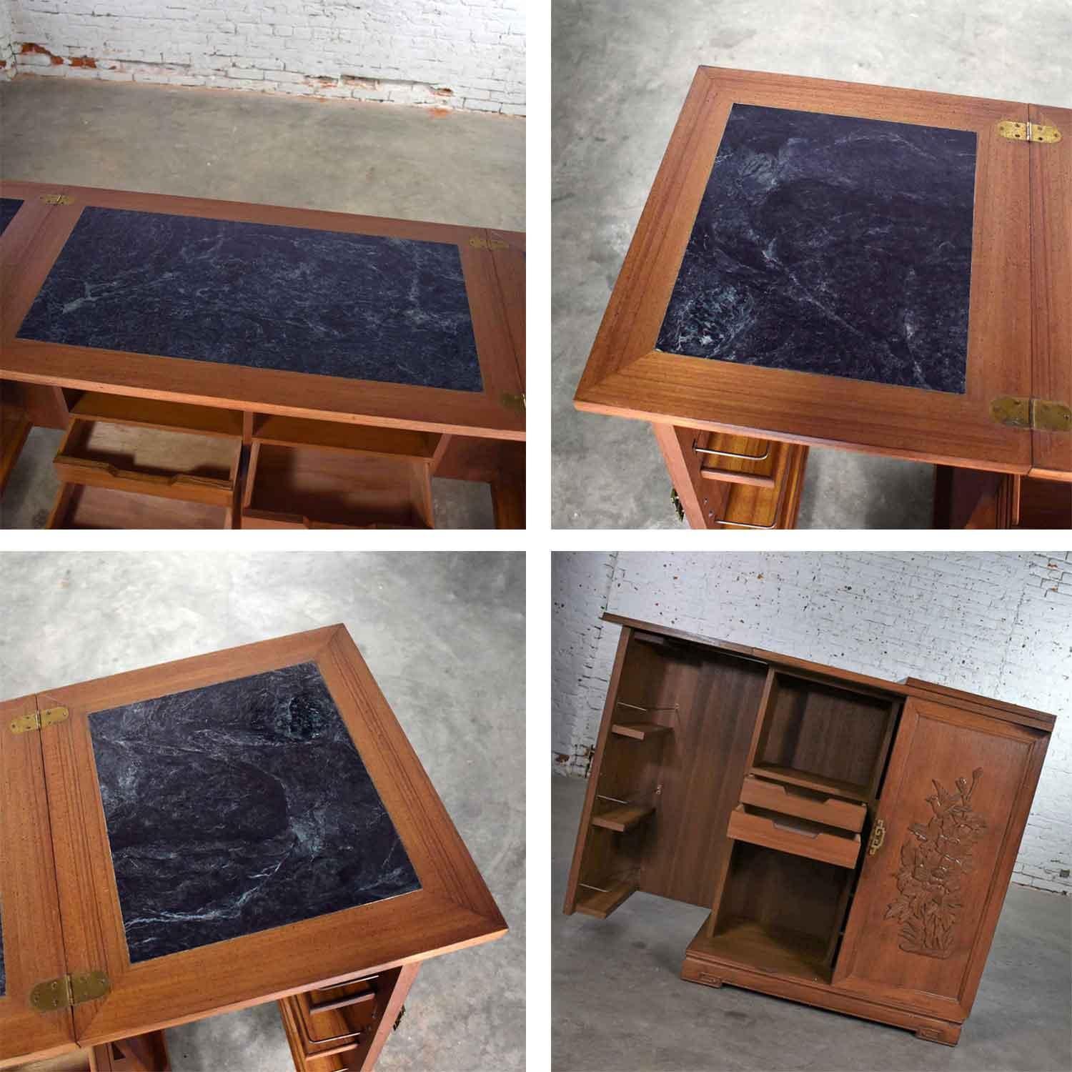 Asian Style Fold Out Chinoiserie Dry Bar in a Box Applied Carved Birds & Flowers 8