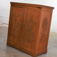 Asian Style Fold Out Chinoiserie Dry Bar in a Box Applied Carved Birds & Flowers