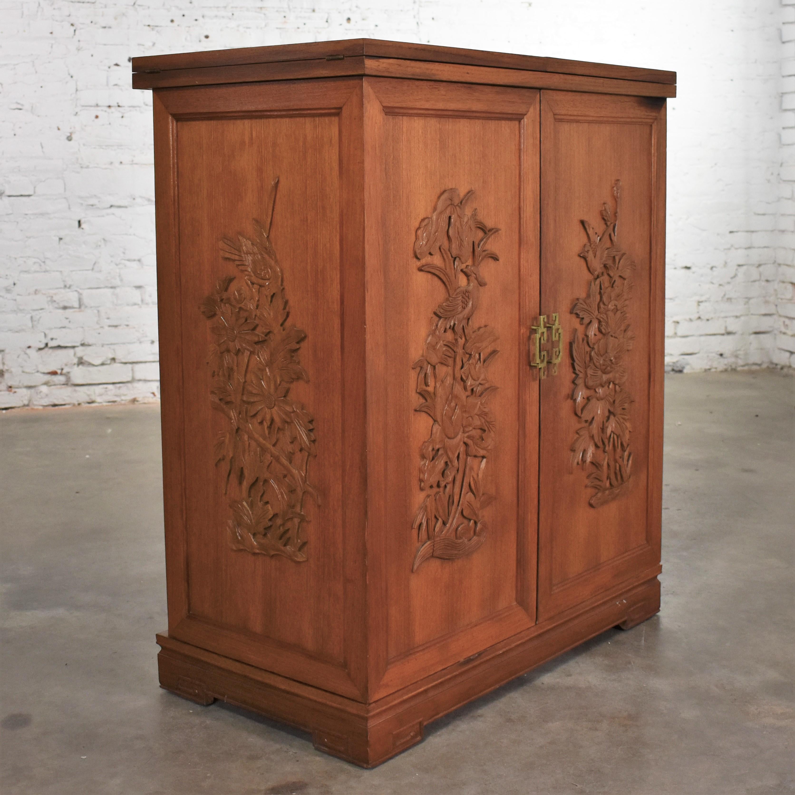 Unknown Asian Style Fold Out Chinoiserie Dry Bar in a Box Applied Carved Birds & Flowers