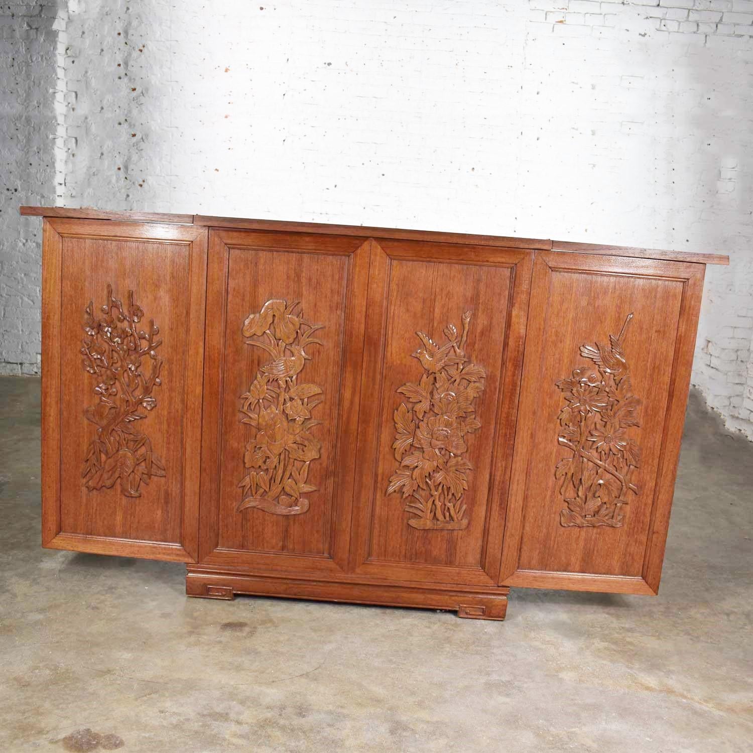 Wood Asian Style Fold Out Chinoiserie Dry Bar in a Box Applied Carved Birds & Flowers
