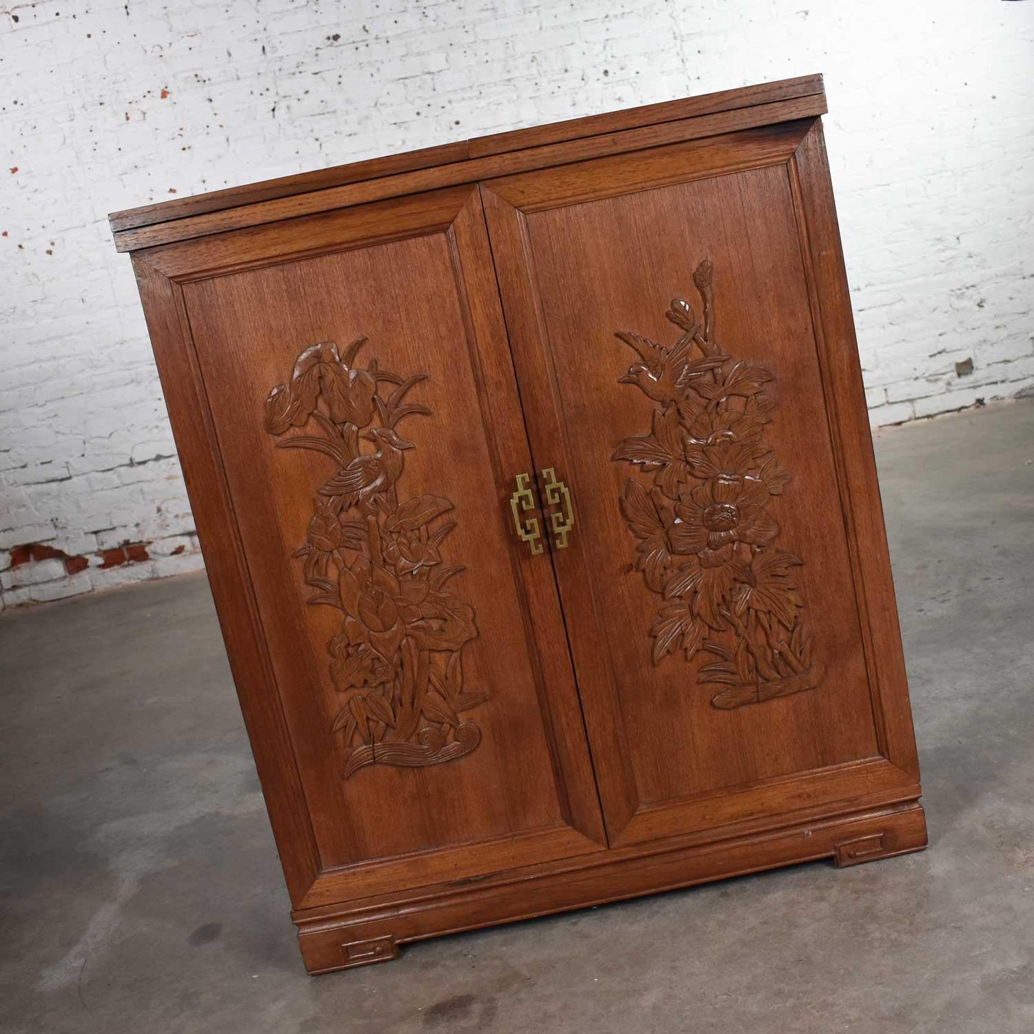 Asian Style Fold Out Chinoiserie Dry Bar in a Box Applied Carved Birds & Flowers 1