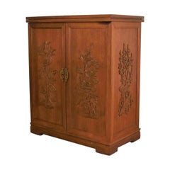 Retro Asian Style Fold Out Chinoiserie Dry Bar in a Box Applied Carved Birds & Flowers