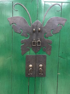 Asian Style Green Lacquer Cabinet Bar Armoire Butterfly and Fish Motif