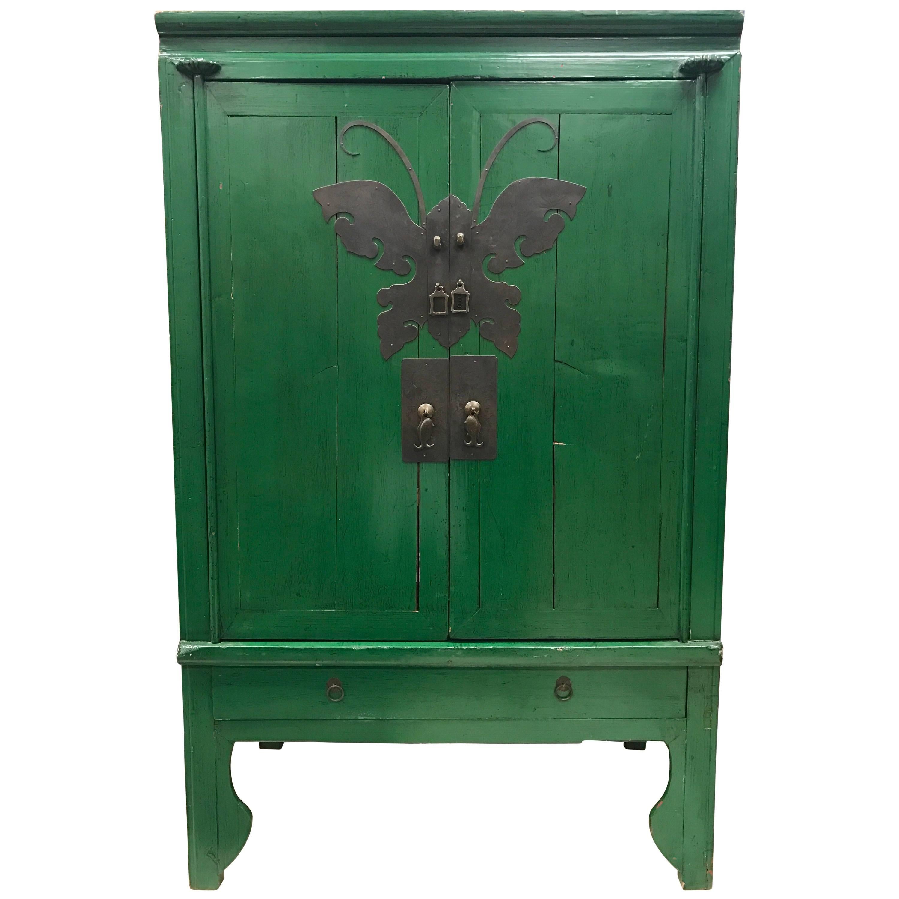 Asian Style Green Lacquer Cabinet Bar Armoire Butterfly and Fish Motif