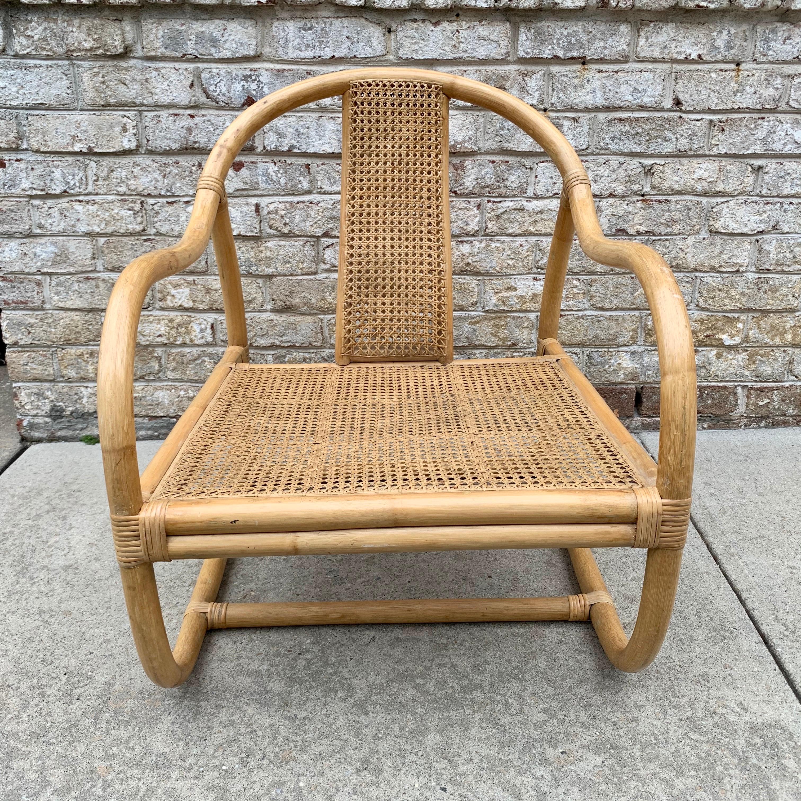 A single masterpiece. This well crafted single bamboo chair with an Asian flair, will complete perfectly your project,
Woven wicker seat and back is in tact and no damage. A couple of scuffs here and there to bamboo legs and arms from normal wear