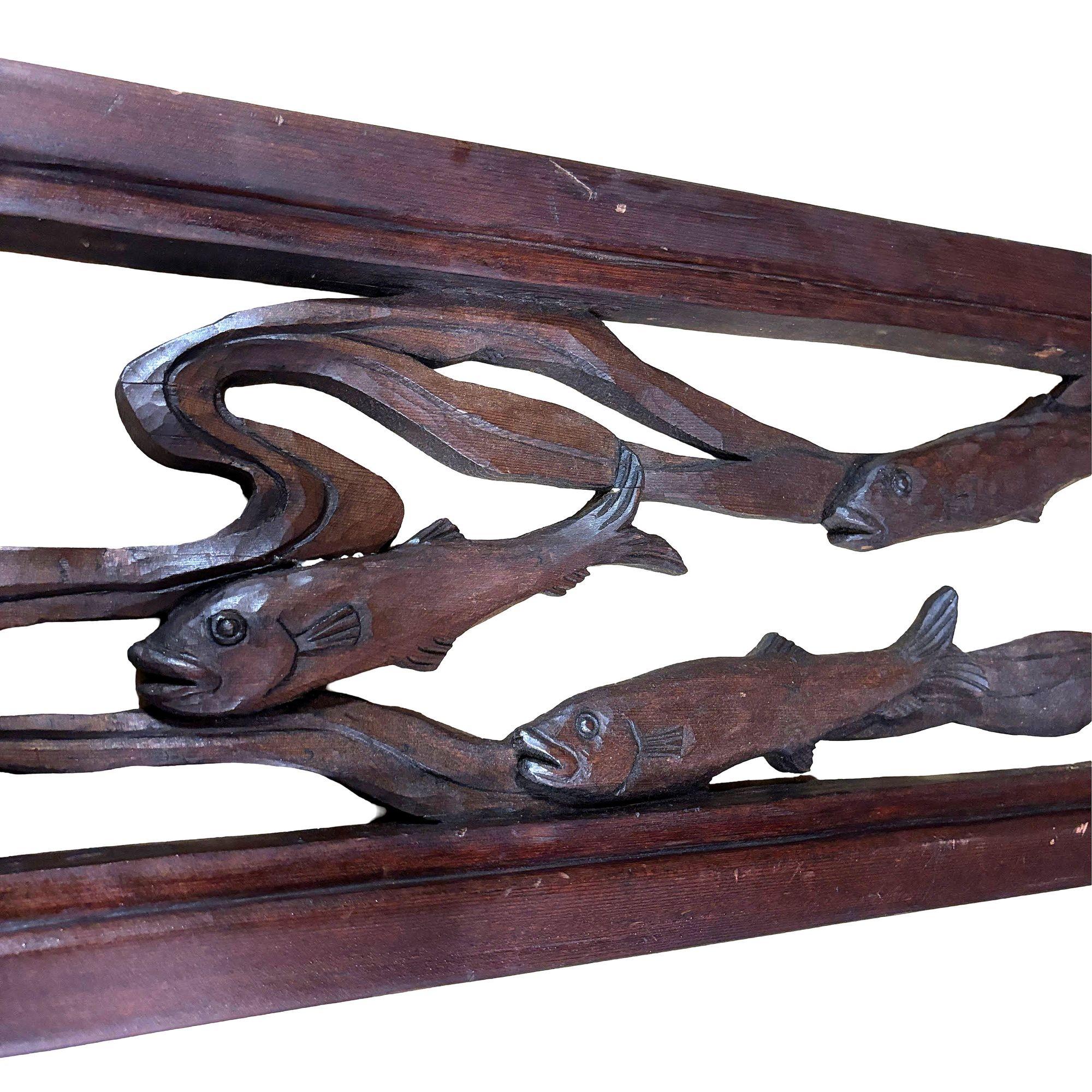 American Asian Style Koi Fish Wall Hanging Cherry Wood Sculpture, Signed For Sale